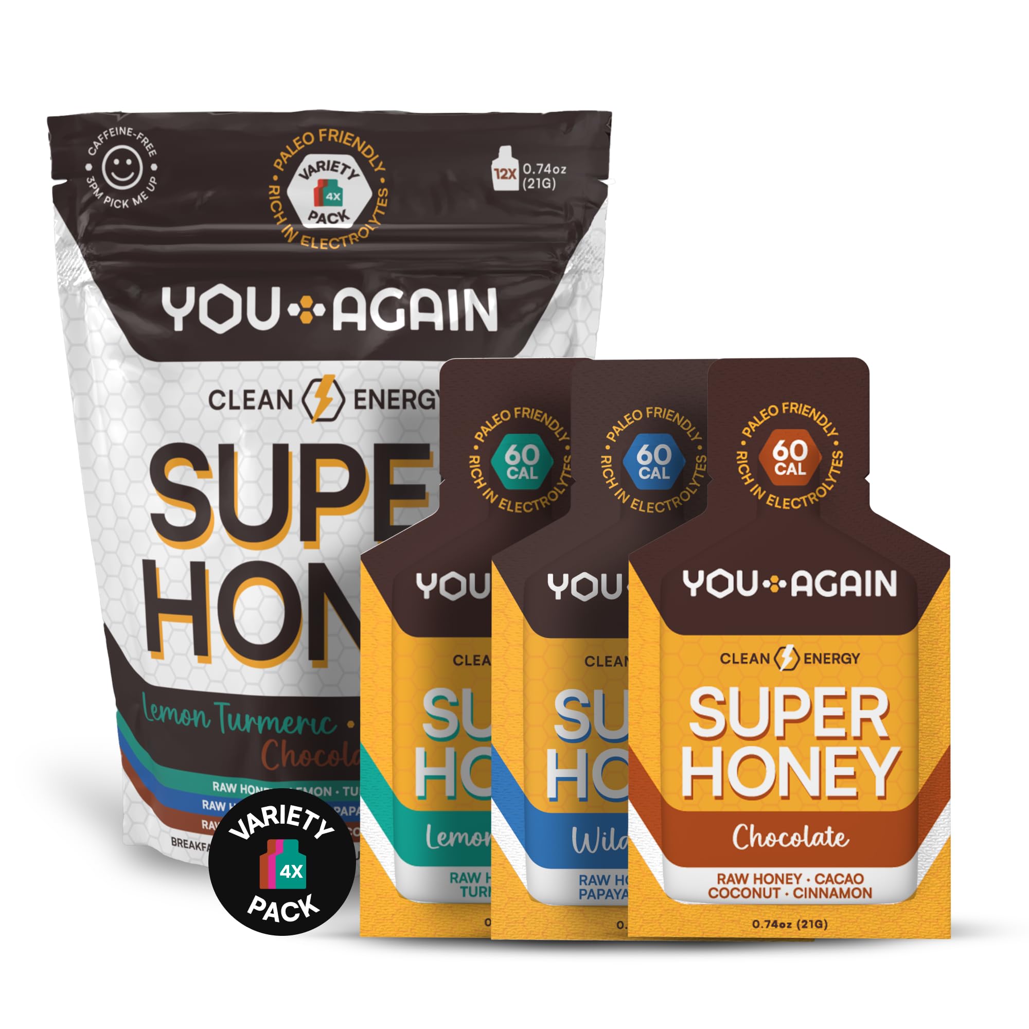 You Again Super Honey Packets - Variety | Workout Clean Energy Gel | Cycling, Endurance, Running Gel or Energy Snack | Paleo & Carnivore Snack | Gluten-Free | Made in USA | 12 Count