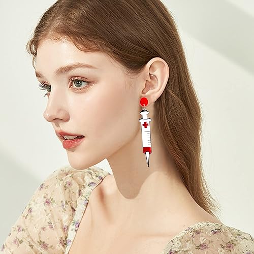 Vista 2 de Pendientes de acrílico para mujer, diseño de aguja, gota, doctor, joyería para disfraz, disfraces de Halloween