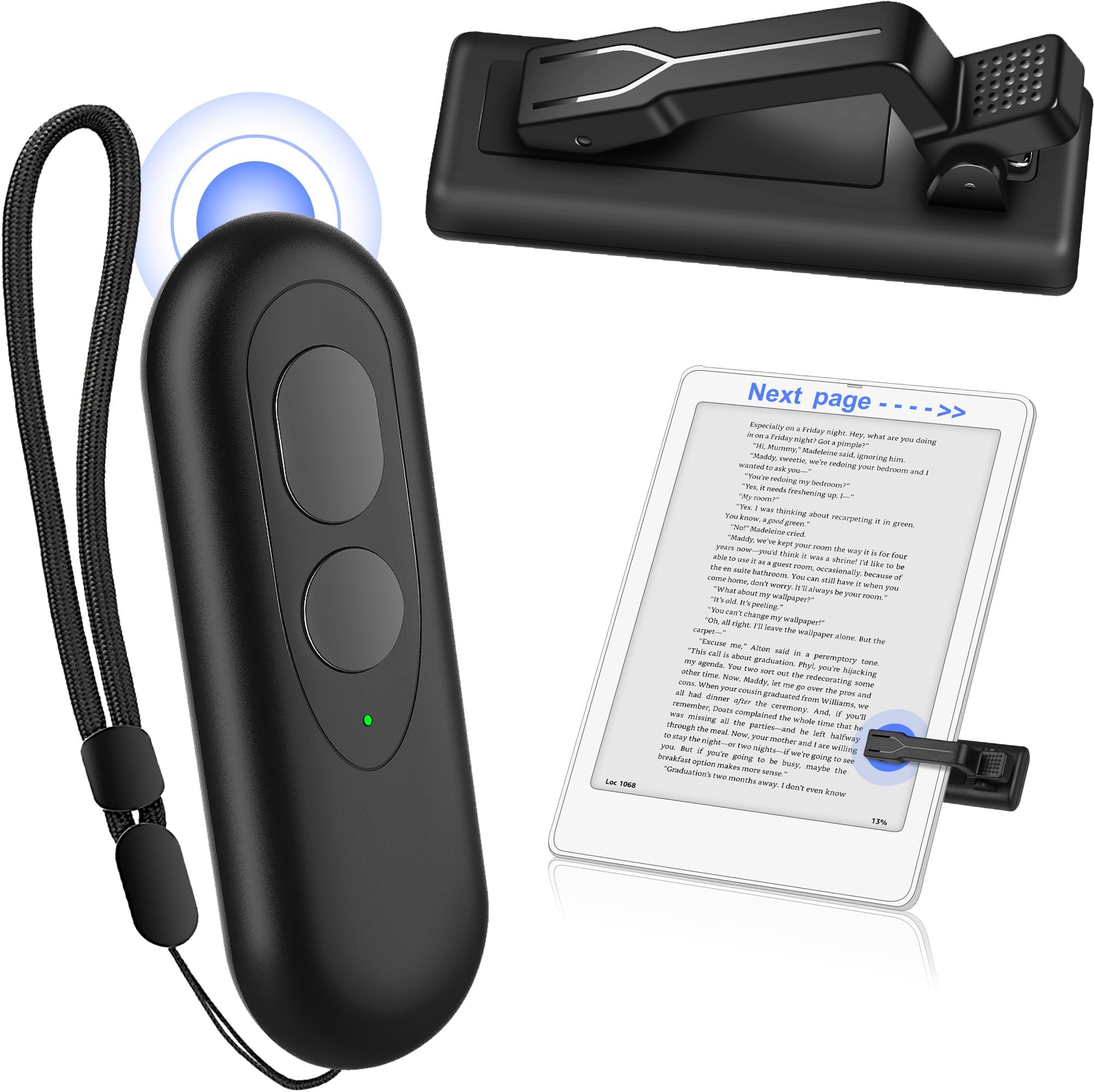 RF Remote Control Page Turner for Kindle Paperwhite Oasis Kobo eReaders, Kindle Remote Page Turner for iPhone Android Tablets Reading Novels Taking Photos