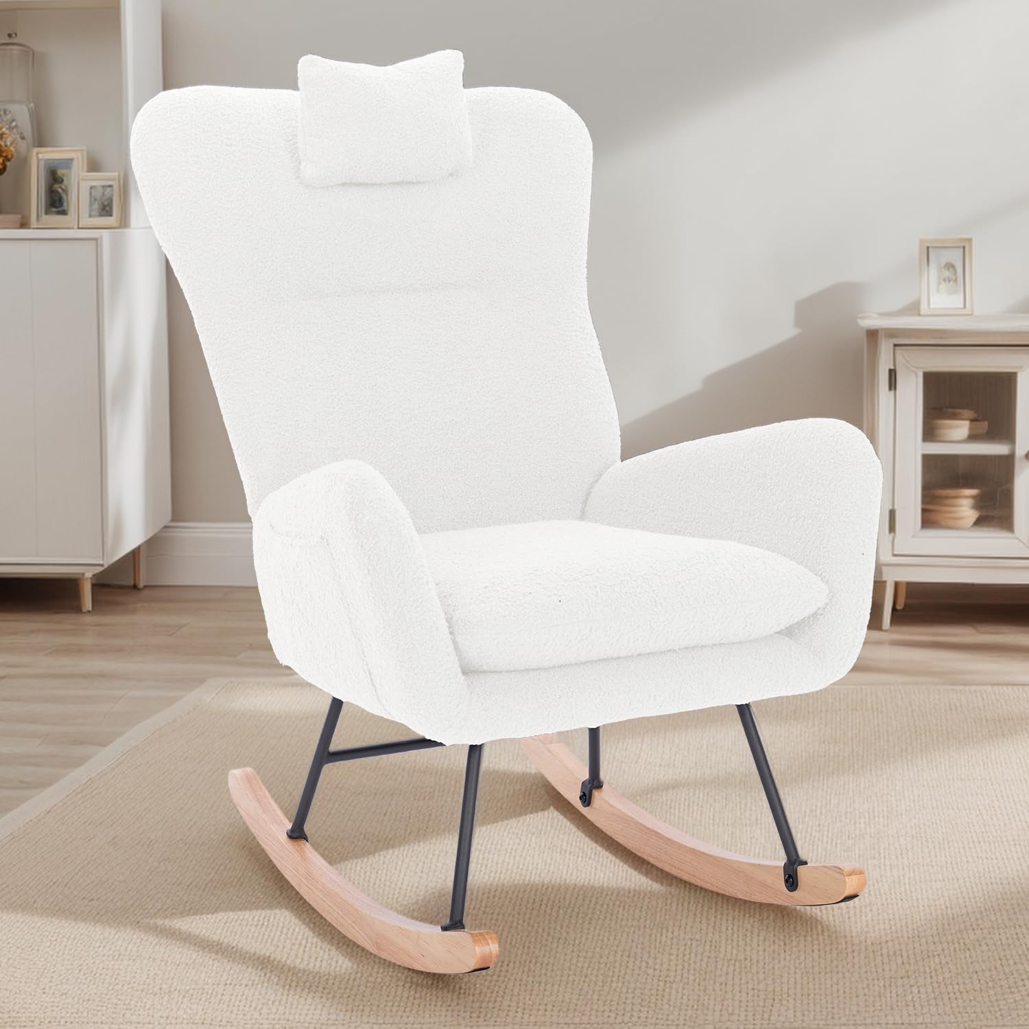 AnoYishev Rocking Chair Nursery with Headrest, Teddy Upholstered Glider Rocker with High Backrest & Side Pocket, Modern Rocking Chairs for Small Spaces, Living Room, Bedroom (White)