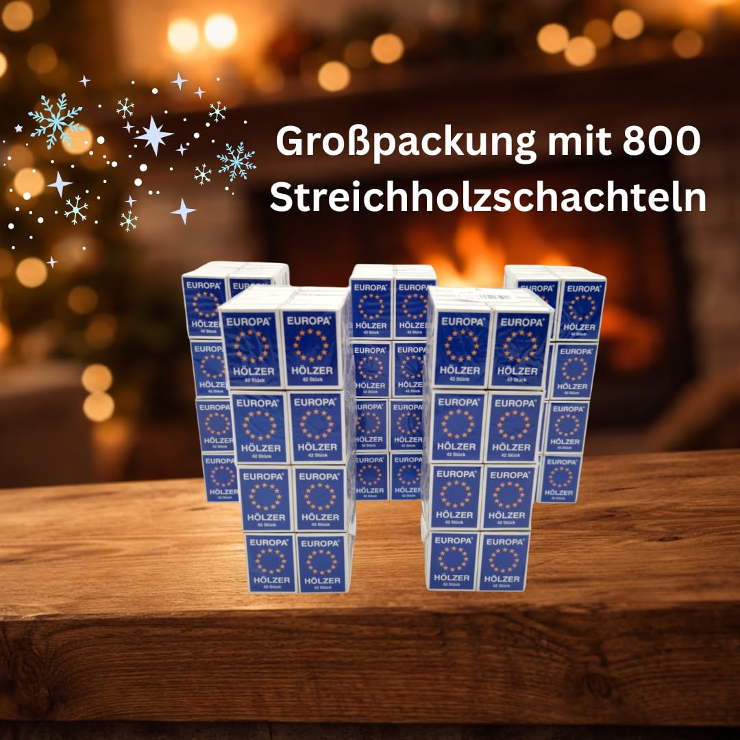 EUROPA Zündhölzer - 800 Streichholzschachteln, das Original als Großpackung, Sicherheitszündhölzer mit blauem Zündkopf für Kerzen, Kamin und Ofen, Haushalt Gewerbe