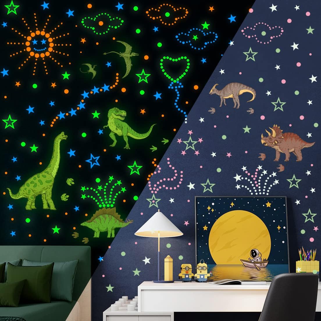 Buiory 925pcs Glow in the Dark Dinosaur Wall Decals