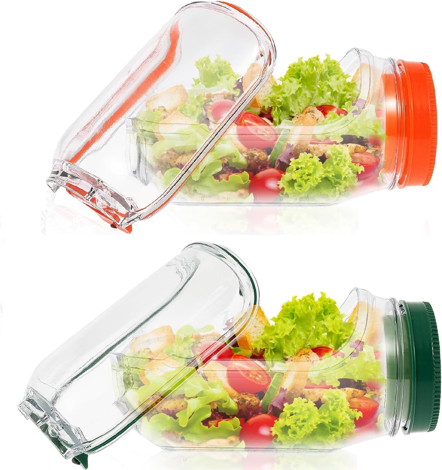 2pcs Salad Pod Container, Vertical Layering Salad-Jars Built-In Bowl Design, Plastic Interval Salads Box with Leak Proof Dressing Case,Portable Fresh Salads Storage for Lunch (green + orange)