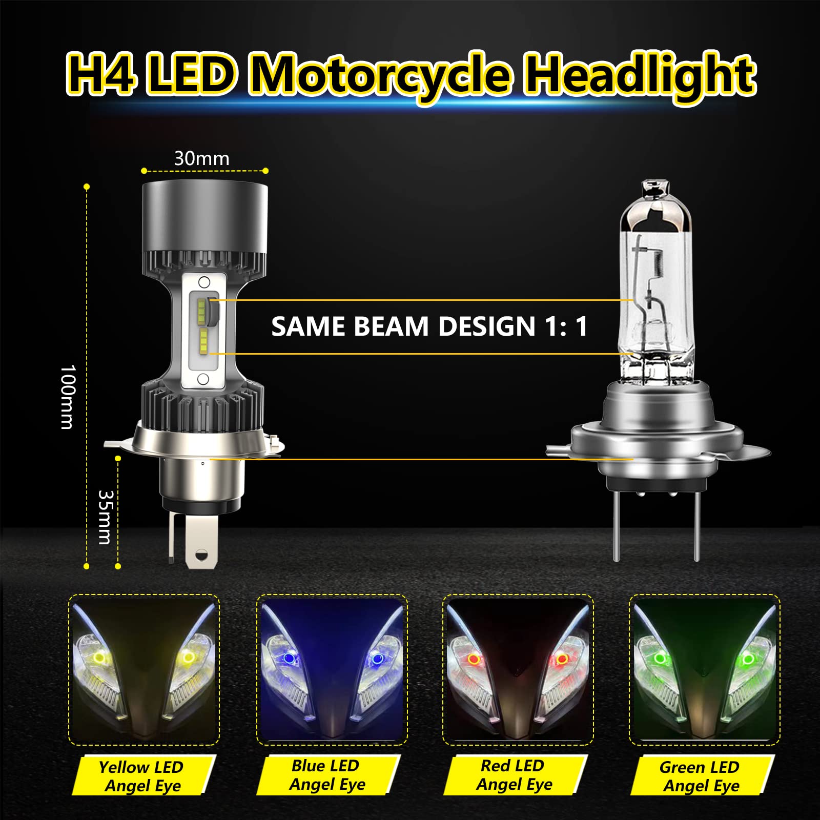 AMOLUO HS1 H4 LED Lampadina Per Fari Moto,Occhi Angelo Intercambiabili a 5 colori,25W DC9-36V Dotato di 4 Aperture Blu,Rosso,Giallo e Verde,Grigio 1 Lampada