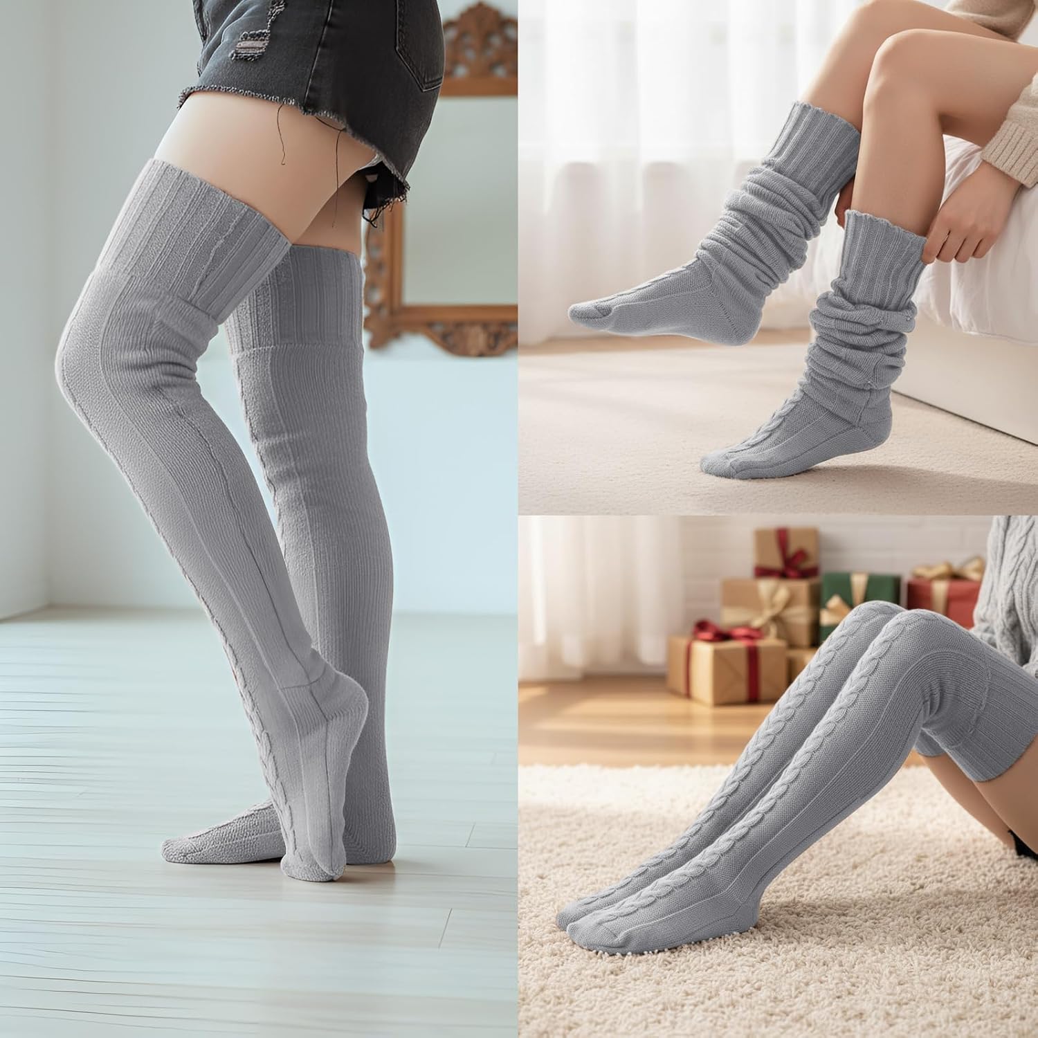 Suhine Women Fleece Lined Thigh High Sock over Knee Cable Knit Boot Sock Extra Long Winter Warm Thermal Stocking Leg Warmer - Image 4