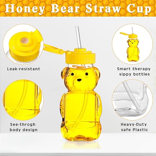 Miniatura 10 de Thenshop Paquete de 32 botellas de oso de miel con pajitas, vasos de plástico vacíos, recipientes de miel en forma de oso, botellas para