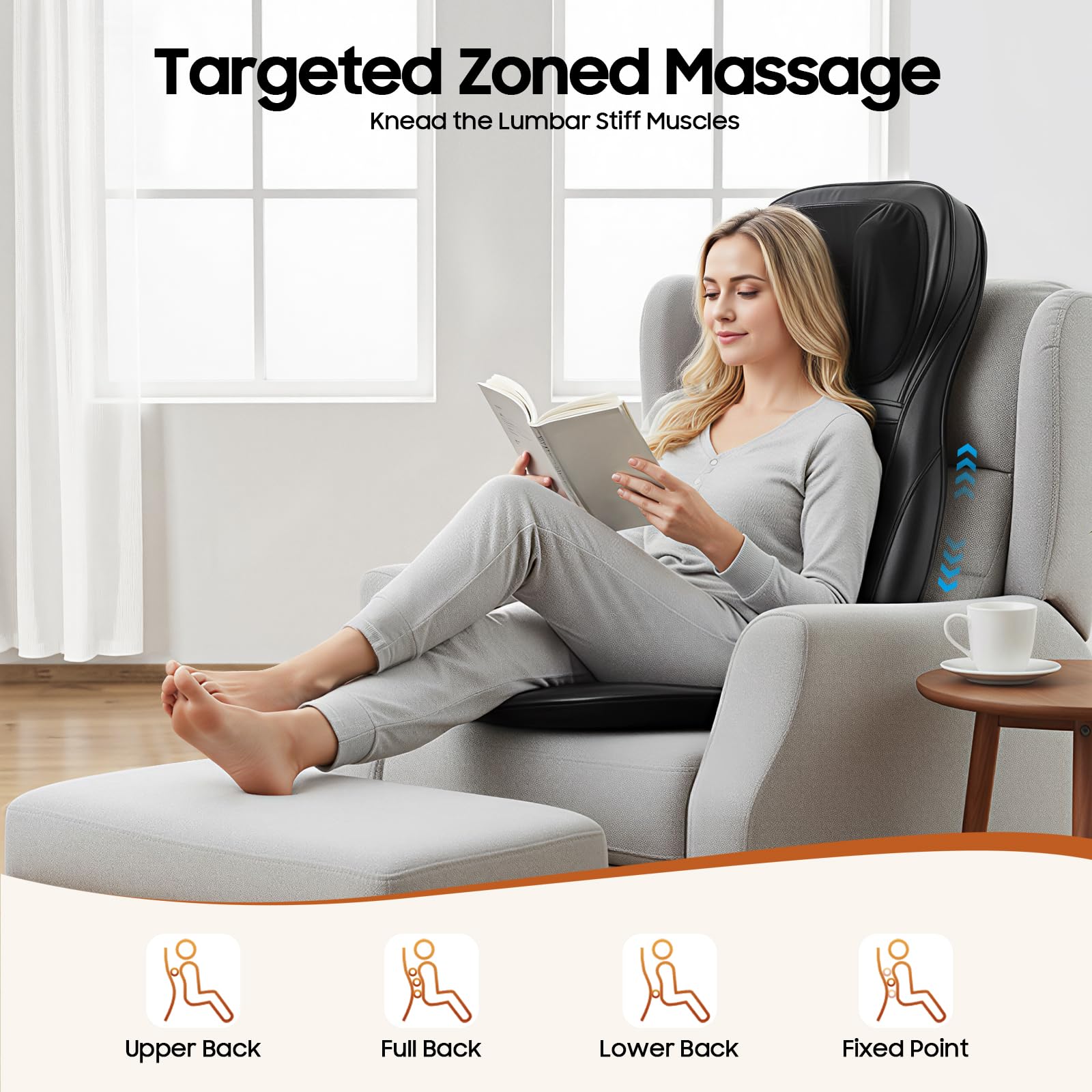 Cuscino massaggiante con calore Shiatsu, cuscino massaggiante con impasto, rullo, vibrazione e compressione dell'aria, 3 modalità massaggio, 4 motori vibranti (nero)