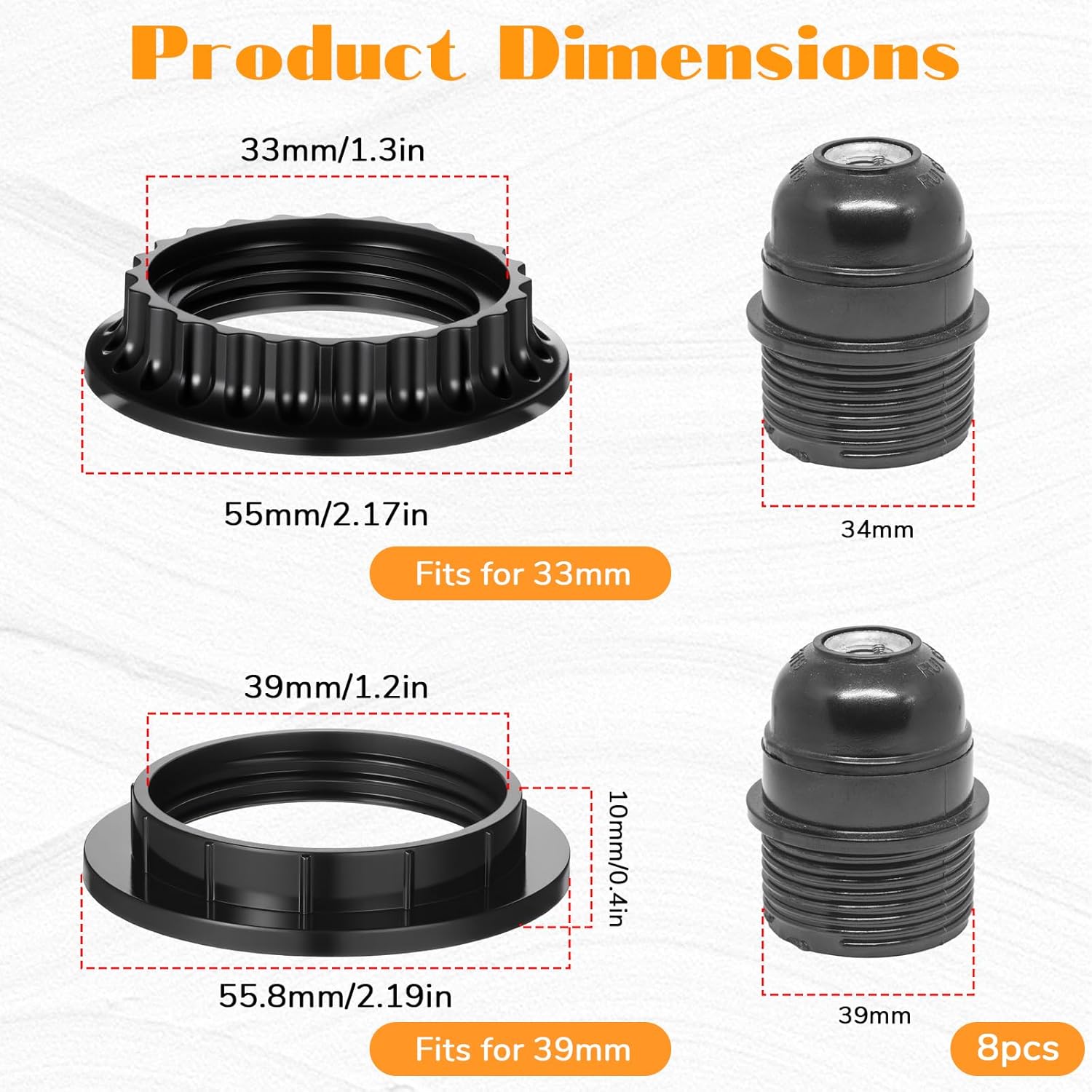 8 Pcs Lamp Shade Rings, 2 Assorted Size E26 Light Socket Shade Rings Collar Ring 33mm 39mm, Lock Socket Replacement or Standard Base Threaded Lamp Holder 1-3/8 Inches and 1-1/2 Inch