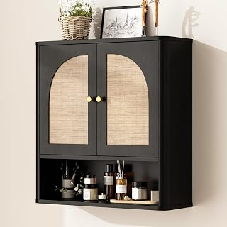 RUSTOWN Rattan Bathroom Wall Cabinet with 2 Arched Doors & Adjustable Shelf