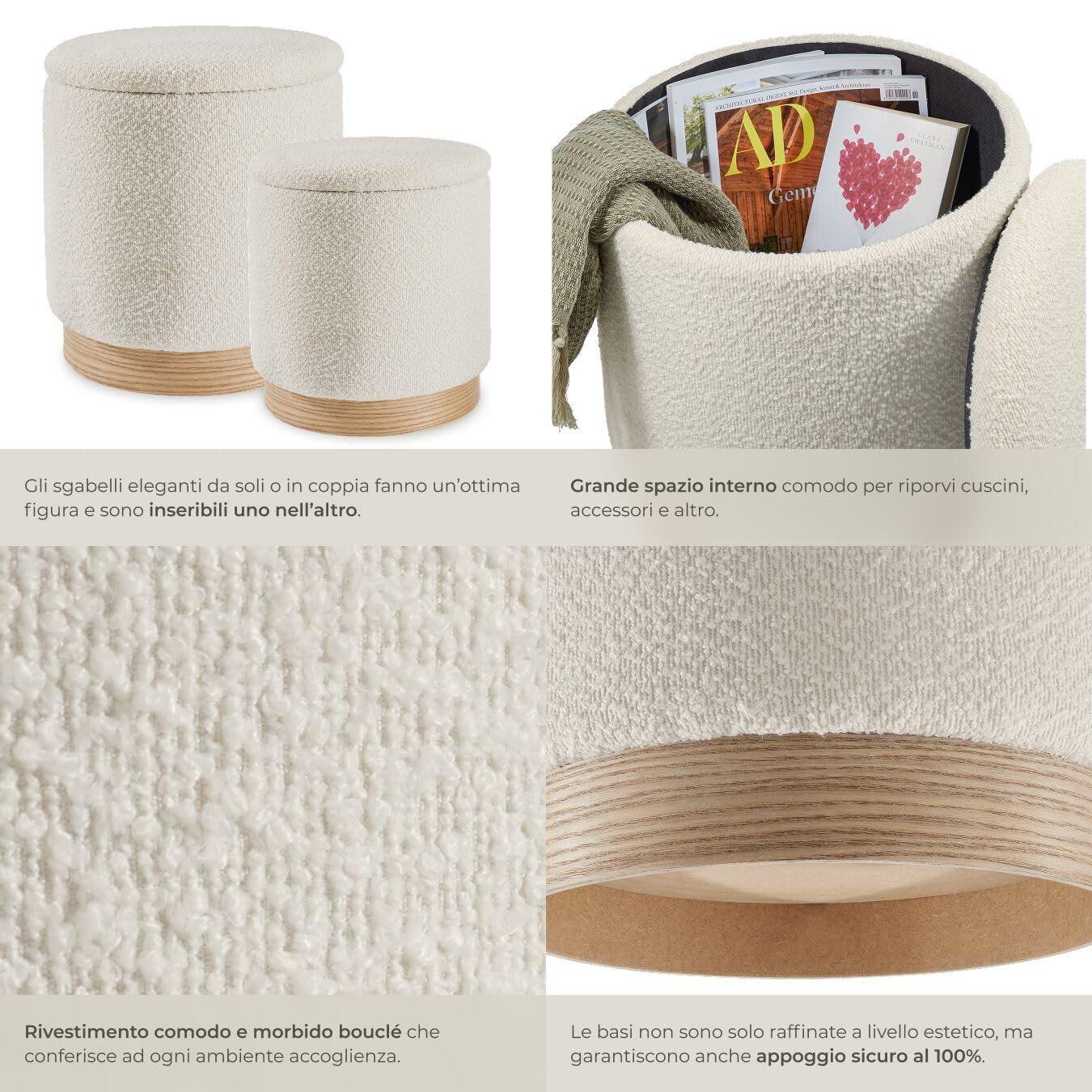 tectake® Set di 2 Pouf Contenitore, Sgabelli Imbottiti Rivestimento Bouclé, Pouf Letto Stile Scandinavo per Camera da Letto Contenitore e da Salotto - Crema