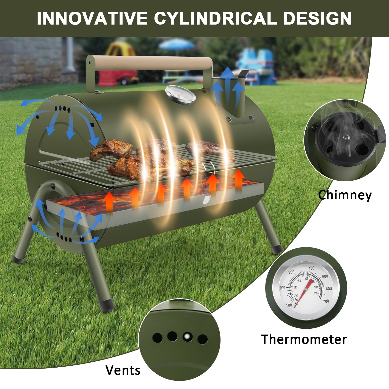 Barbecue Portable 2 en 1 avec Thermomètre BBQ à Charbon, Vert | Grill de Table, Pour Jardin Balcon Voyage Camping
