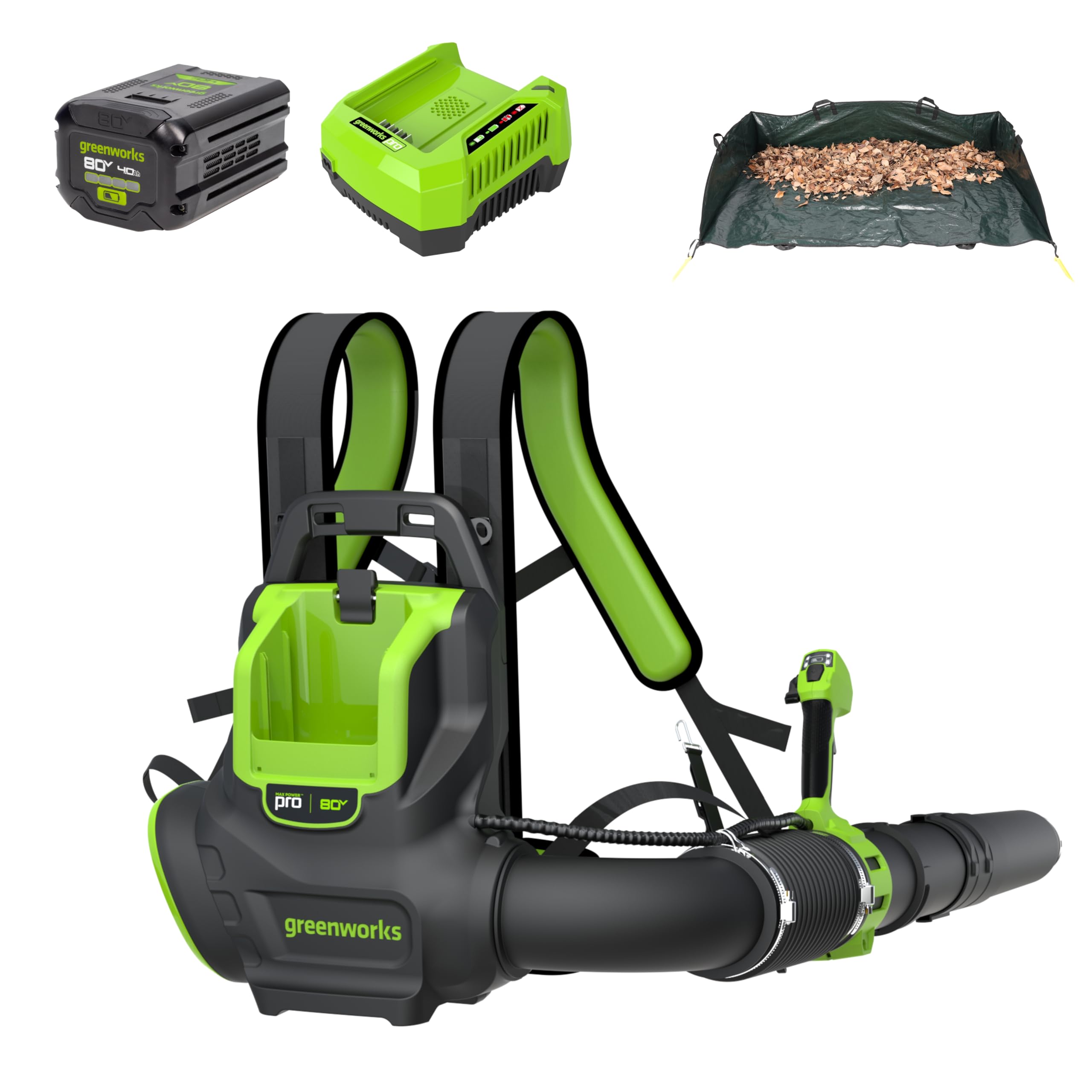 Greenworks 80V 800 CFM Cordless Backpack Blower with Leaf Tarp - 4.0Ah Battery & Rapid Charger, Cruise Control, Turbo Button, 4 - Year Warranty