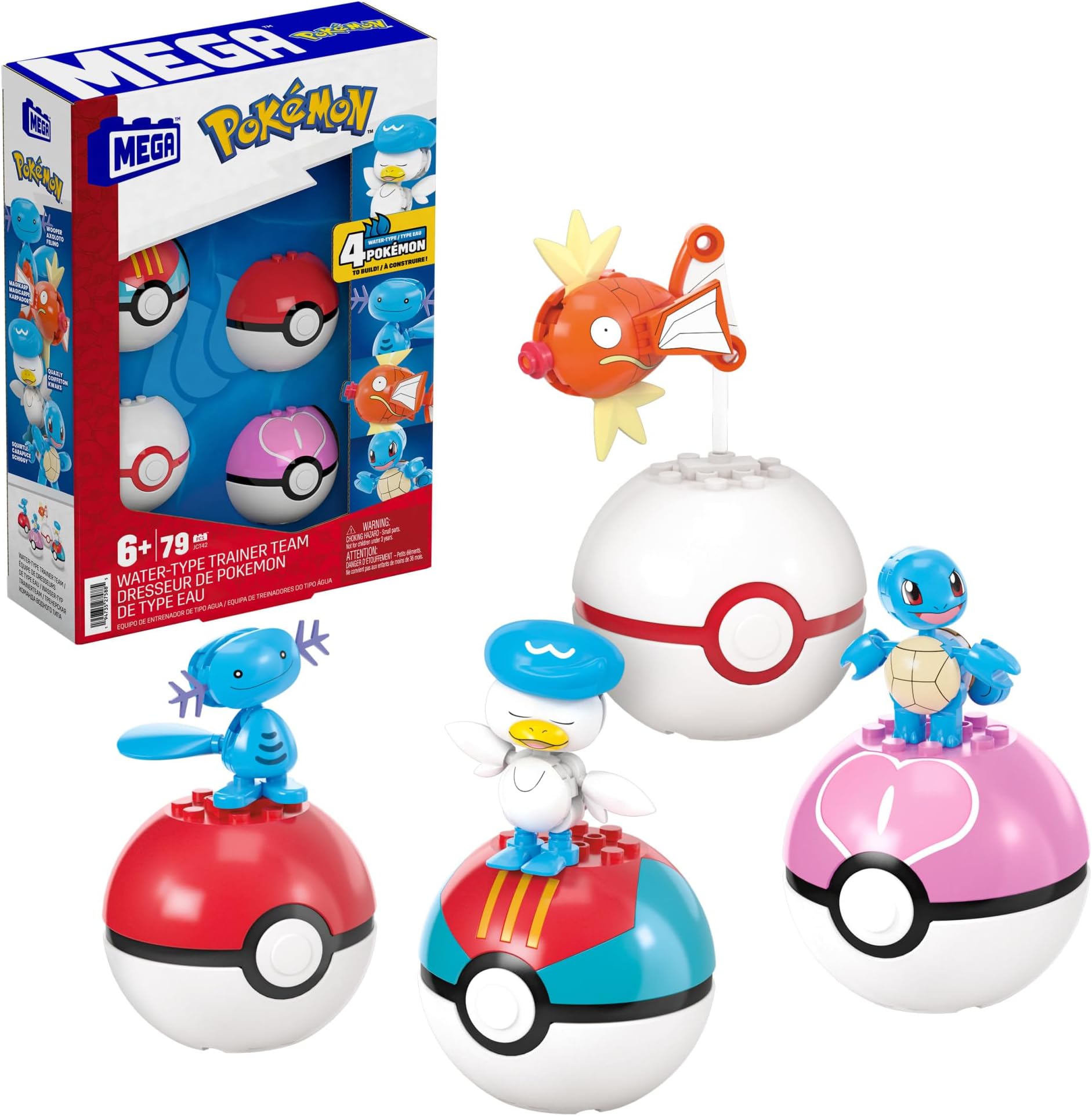 MEGA Pokémon Action Figure Building Toys Set, Water-Type Trainer Team with 79 Pieces, 2 Inches Tall, for Kids
