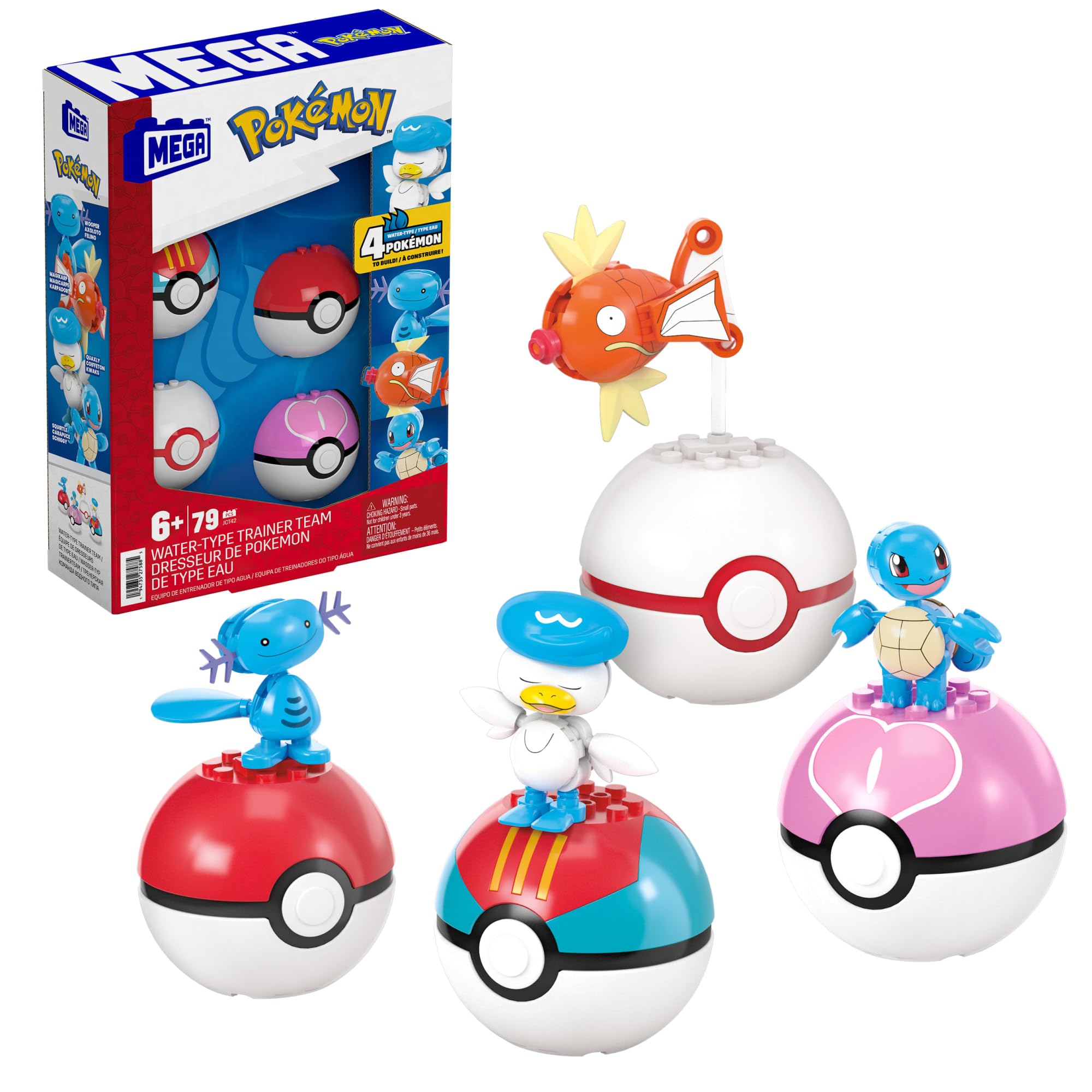 MEGA Pokémon 79 Piece Water Type Team Set Includes Squirtle, Magikarp, Shellder, Quaxly and 4 Poke Balls with Pins, JCT42