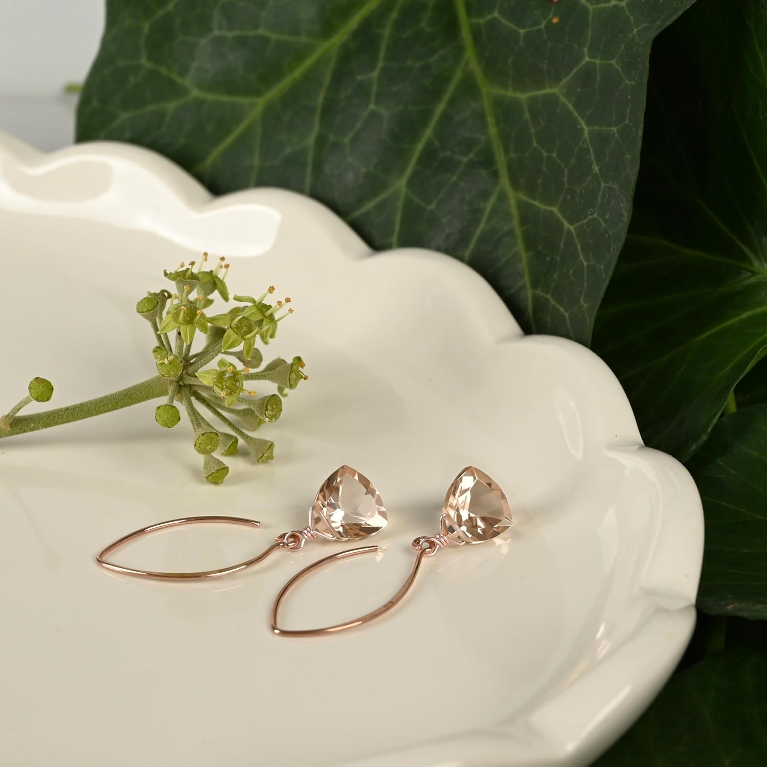 Rose Gold Rose Quartz Trillion Earrings Sterling Silver - Image 4