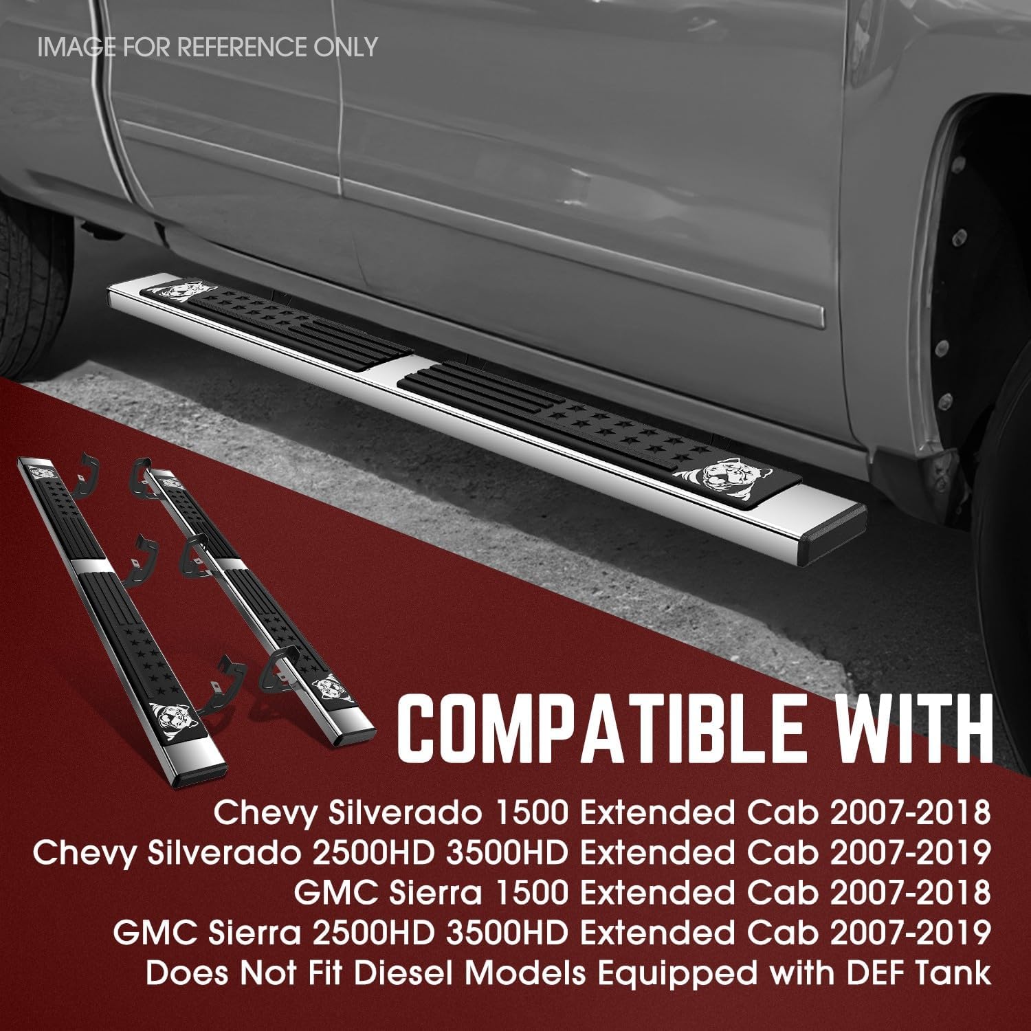 DNA Motoring 6 Inch Running Boards Compatible with 07-18 Chevy Silverado/GMC Sierra 1500 07-19 2500HD 3500HD Extended Cab, Stainless Steel Side Steps Nerf Rails Bars, Bulldog Textured, STEPB-DS-0005