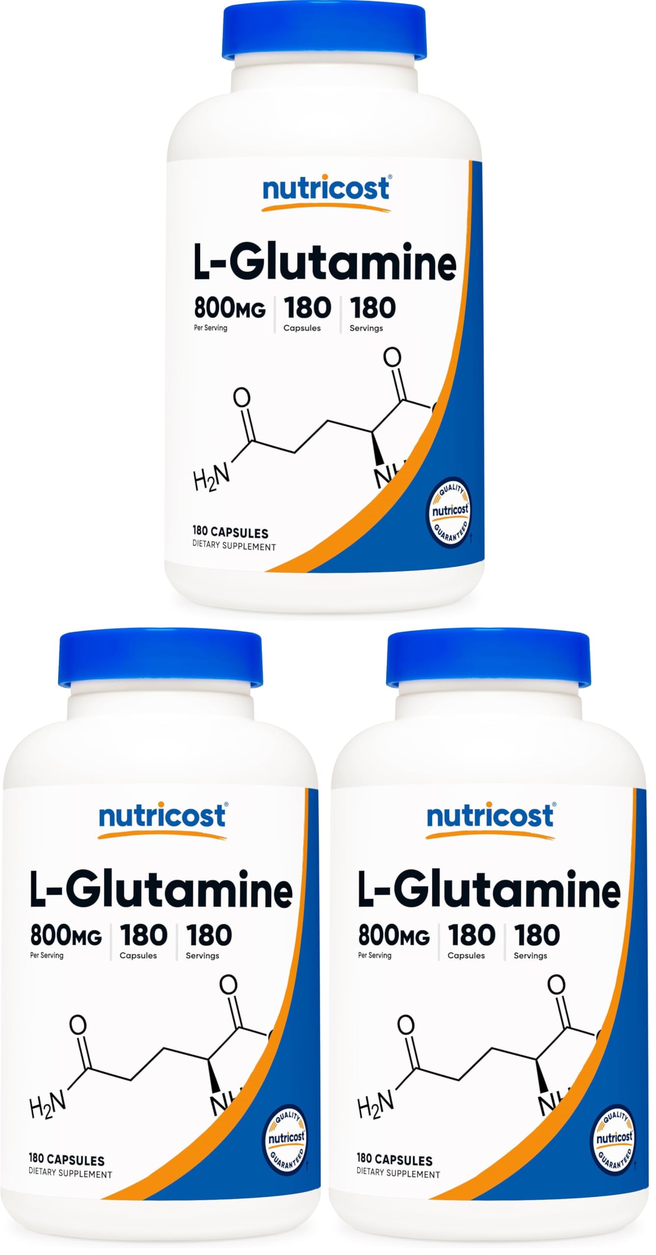 Nutricost L-Glutamine 800mg, 180 Capsules - Gluten Free, Non-GMO (Pack of 3) 180 Count (Pack of 3)