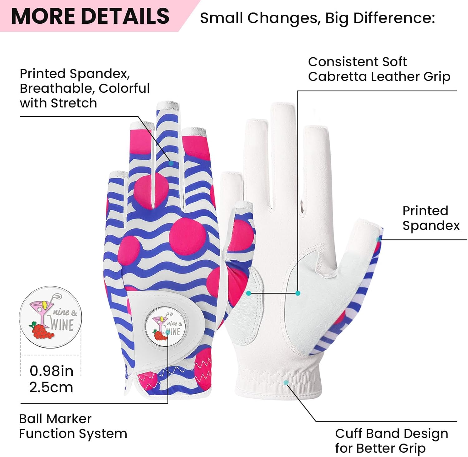 Ladies Golf Gloves Women Right Handed Golfer Left Hand Value 2 Pack with Ball Marker Leather All Weather Grip Breathable Soft Gift Set - Image 2