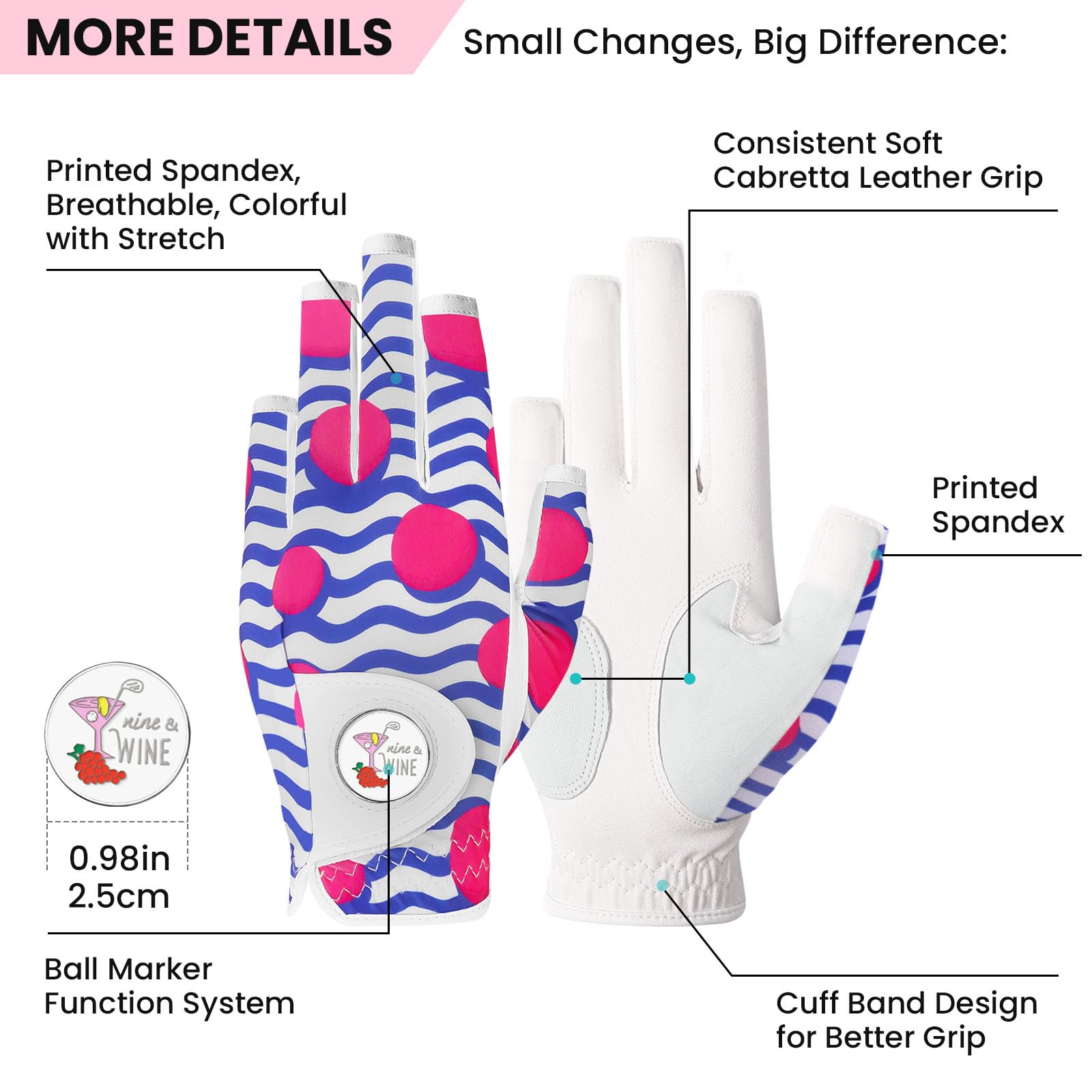 Guantes de golf para mujer, para diestros, mano izquierda, sin dedos, con marcador de bola, paquete de 2, guantes elegantes de primera calidad para mejorar tu swing con comodidad y estilo