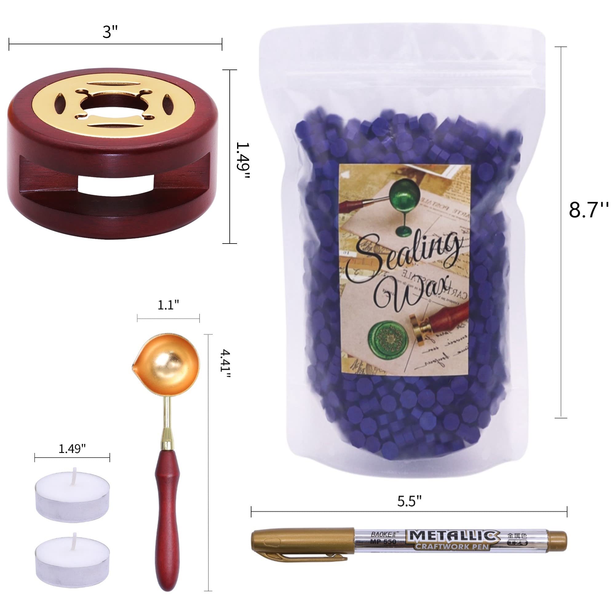 SWANGSA Kit de cera de sellado, 1450 cuentas de cera de sellado, verde metálico, calentador de sello de cera, cuchara de cera, bolígrafo de sello de cera dorado y velas de té para sello de cera y