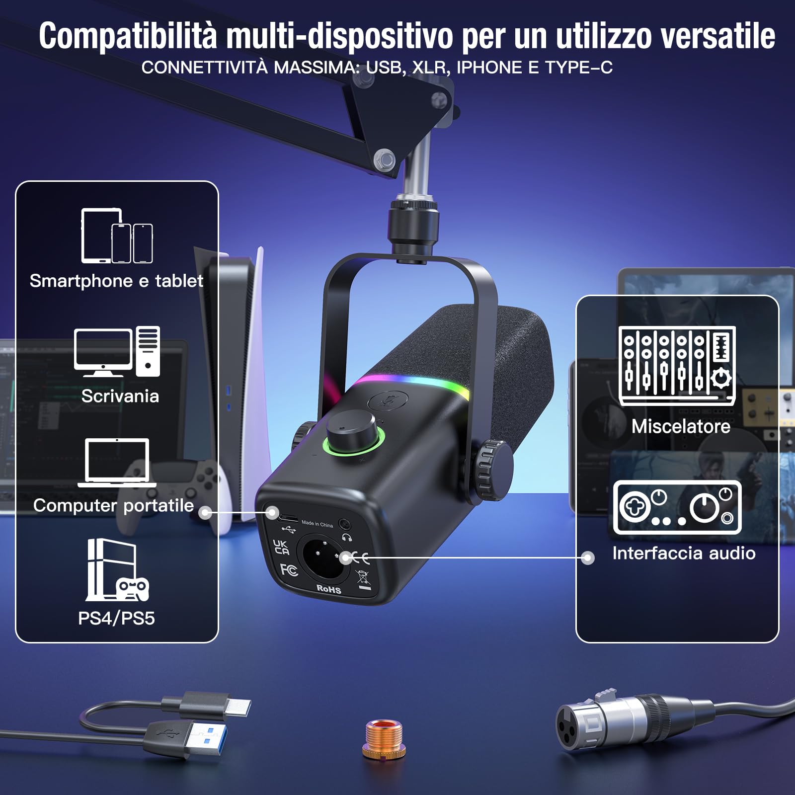 ZealSound Microfono dinamico XLR/USB, microfono per *Phone, Set di microfoni per Telefono PC, microfono con luce RGB, mute, jack per cuffie, supporto con braccio, ASMR/YouTube/Podcast/Streaming/Gaming