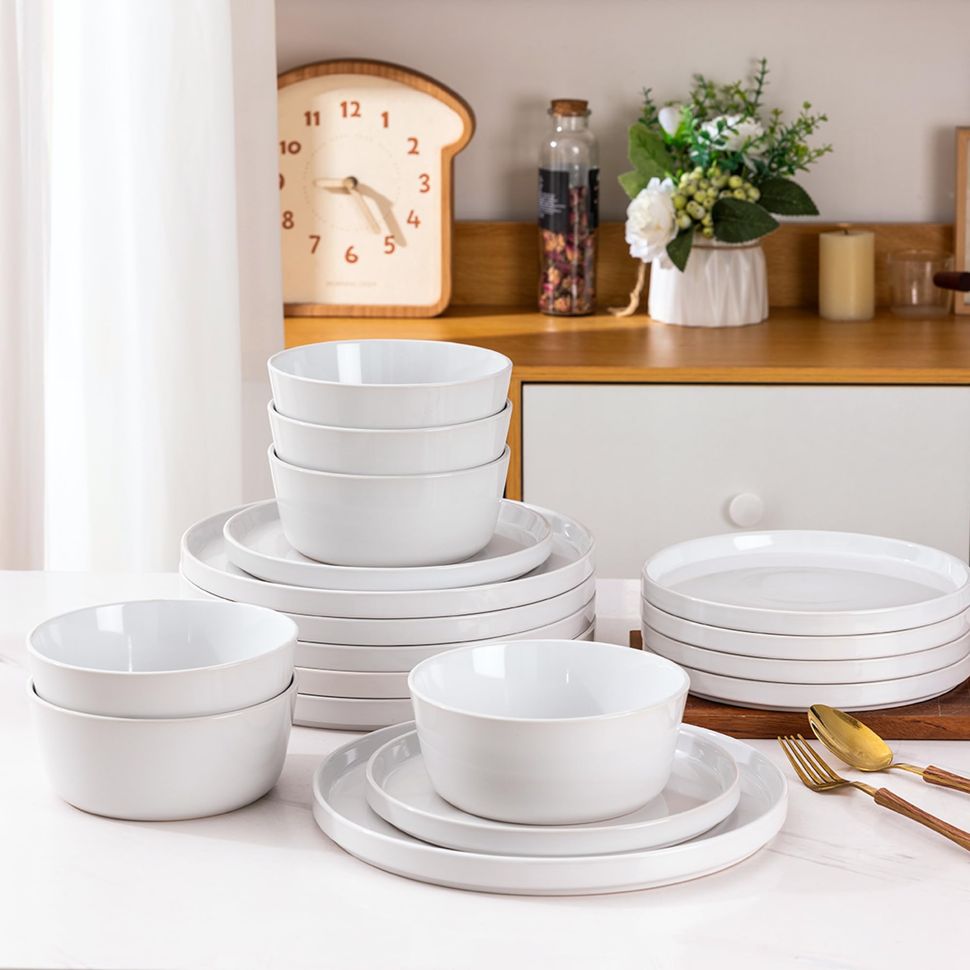 Photo 1 of AmorArc Ceramic Dinnerware Sets for 6,18 -Piece Double Color Stoneware Plates and Bowls Set,Chip and Crack Resistant | Dishwasher & Microwave Safe Dishes Set,Service for 6 -White Service for 6 Modern-White