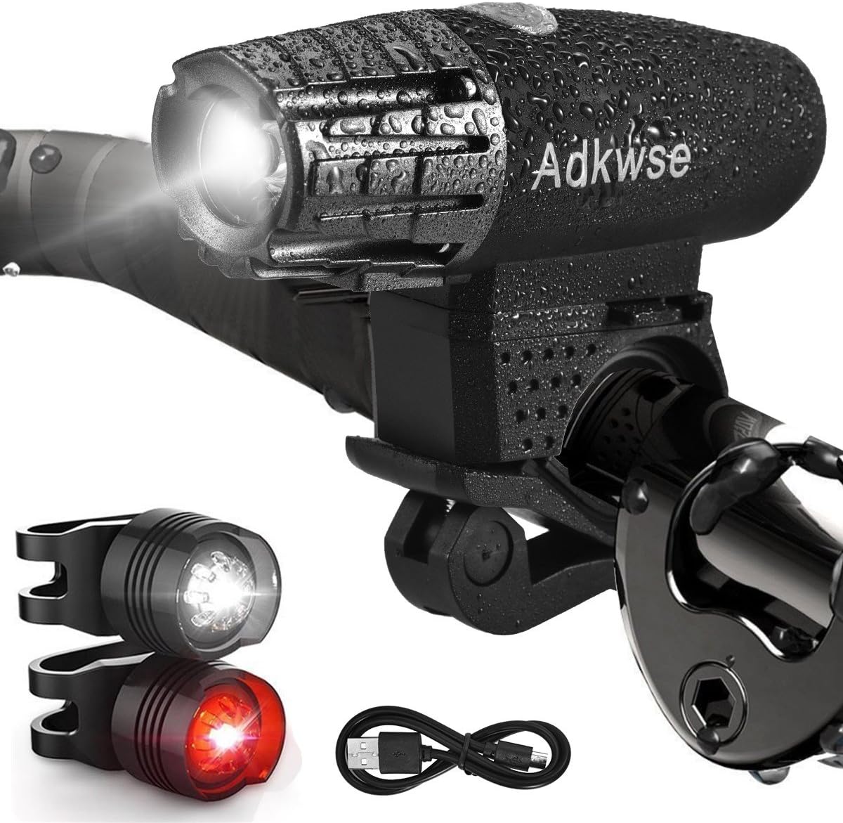 Adkwse LED Bike Lights Set,USB Rechargeable Waterproof Front Bicycle Lights Headlight and Taillight, 4 Modes Cycle Light For Mountain And Road