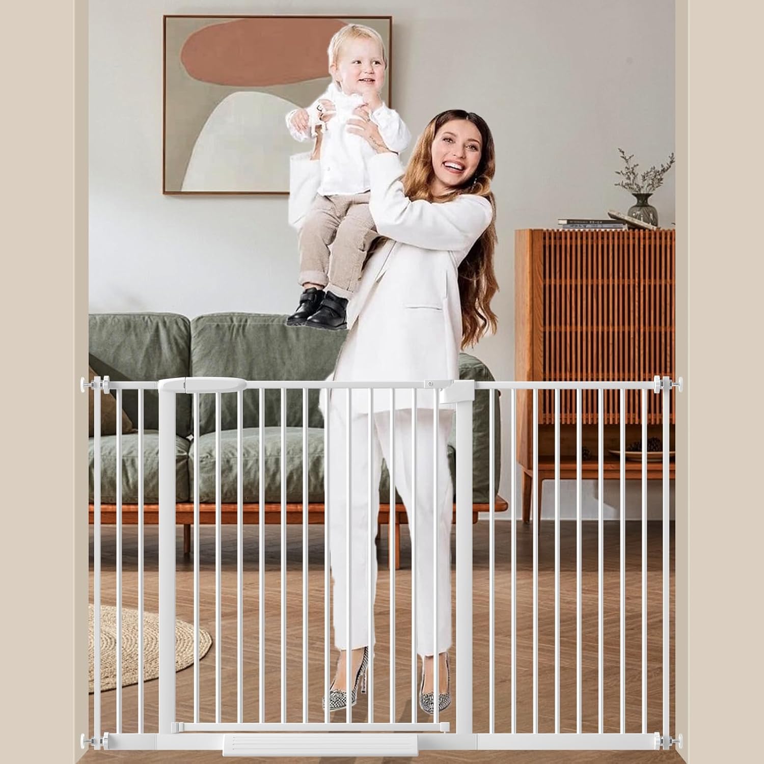 DEARBB Extra Wide Baby Gate Ultra Narrow Spacing 30.11-77.36" Pressure Mounted Double Lock Swing Auto Close Walk Through Metal Safety Pet Gate for Stairs and House Doorway Kitchen White 45.86"-53.74"