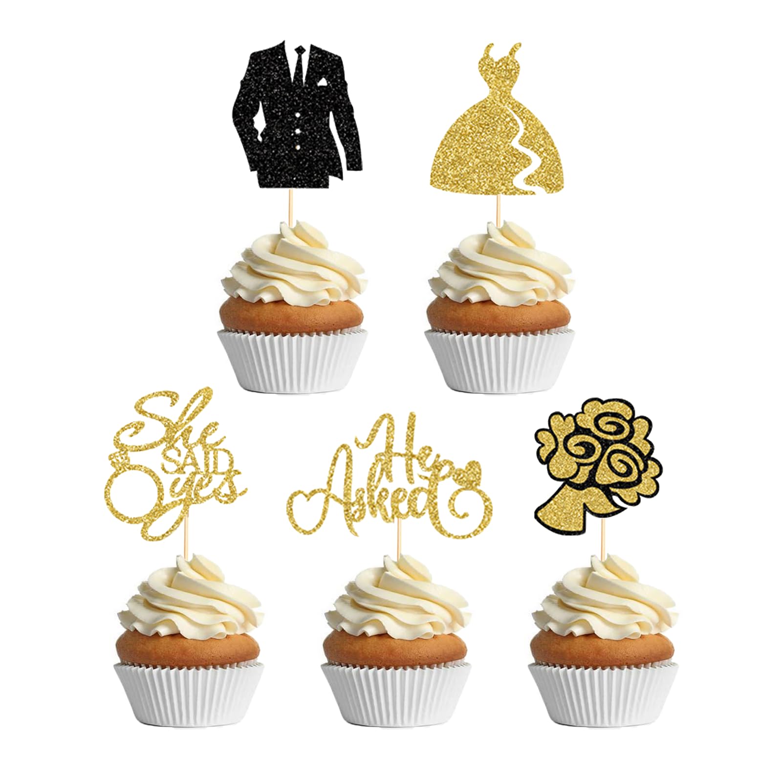 30Pcs He Asked She Said Yes Cupcake Toppers Wedding Dress Diamond Ring Rose Flower Cake Toppers Decorations for Wedding Engagement Party Bridal Shower Supplies Gold