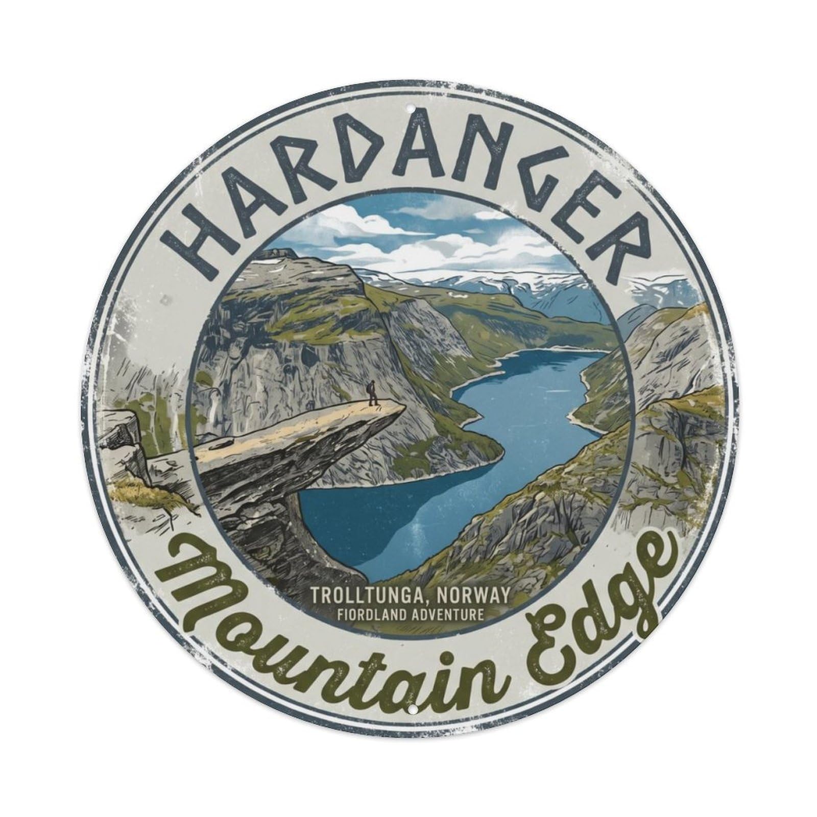 Vintage Travel Trolltunga Norwegian Cliff Metal Tin Sign Plaque Wall Decor for Cafe, Club, Garden Round Metal Poster 8x8Inch