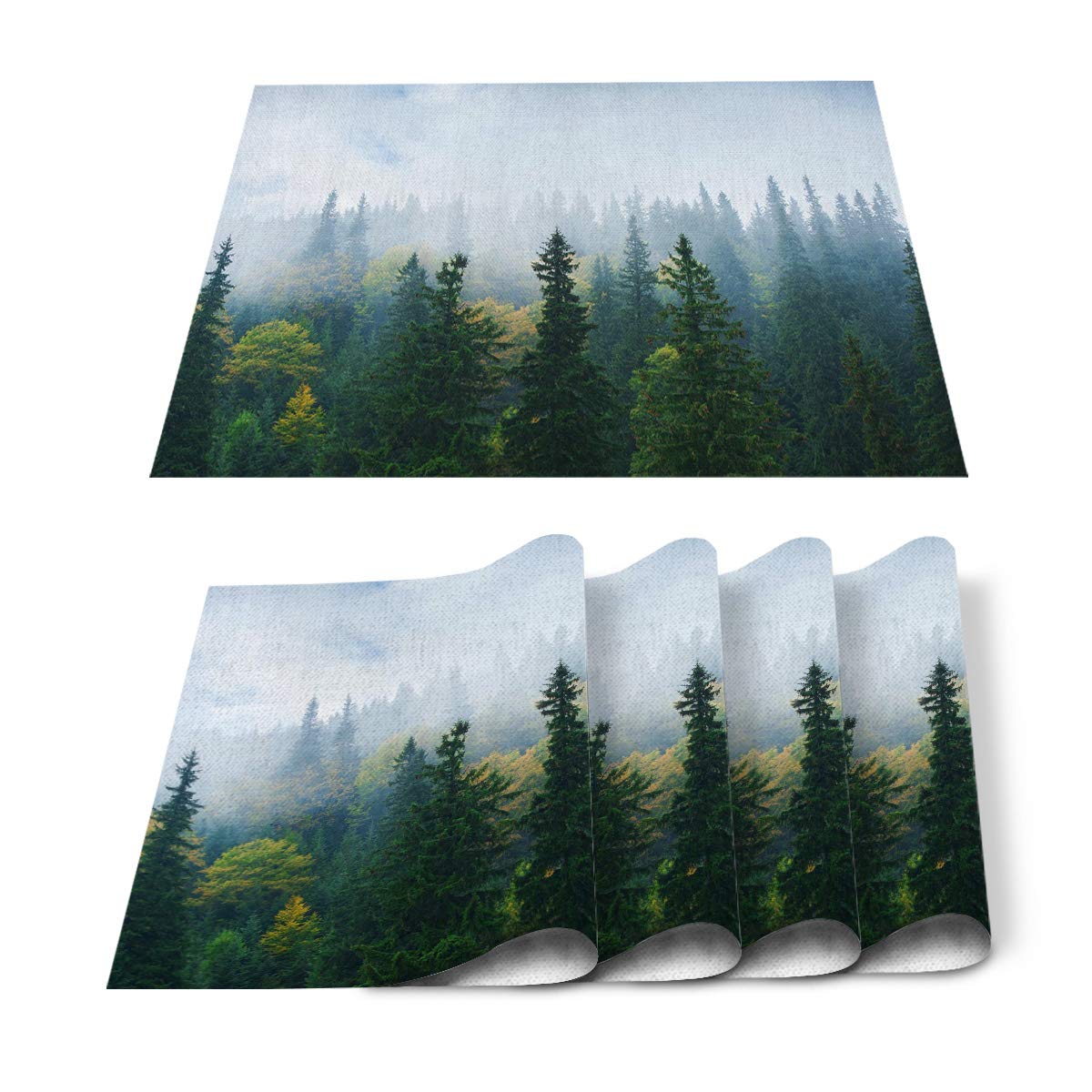 Comfort Her Zon Placemats 12x18 Inches, Autumn Carpathian Mountains Forest Misty Landscape Placemats for Dining Table Heat Resistant Place Mats Washable Kitchen Table Mats, Set of 4