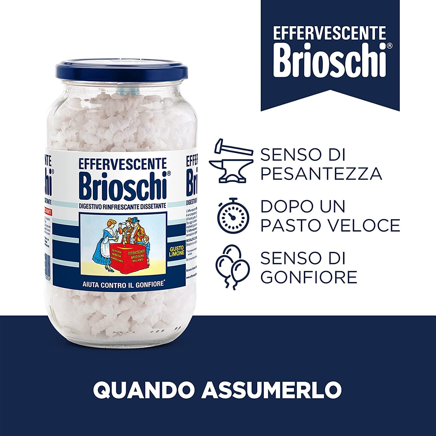 6 disueltos digestivos de Brioschi gusto limón refrescante con sabor a limón.