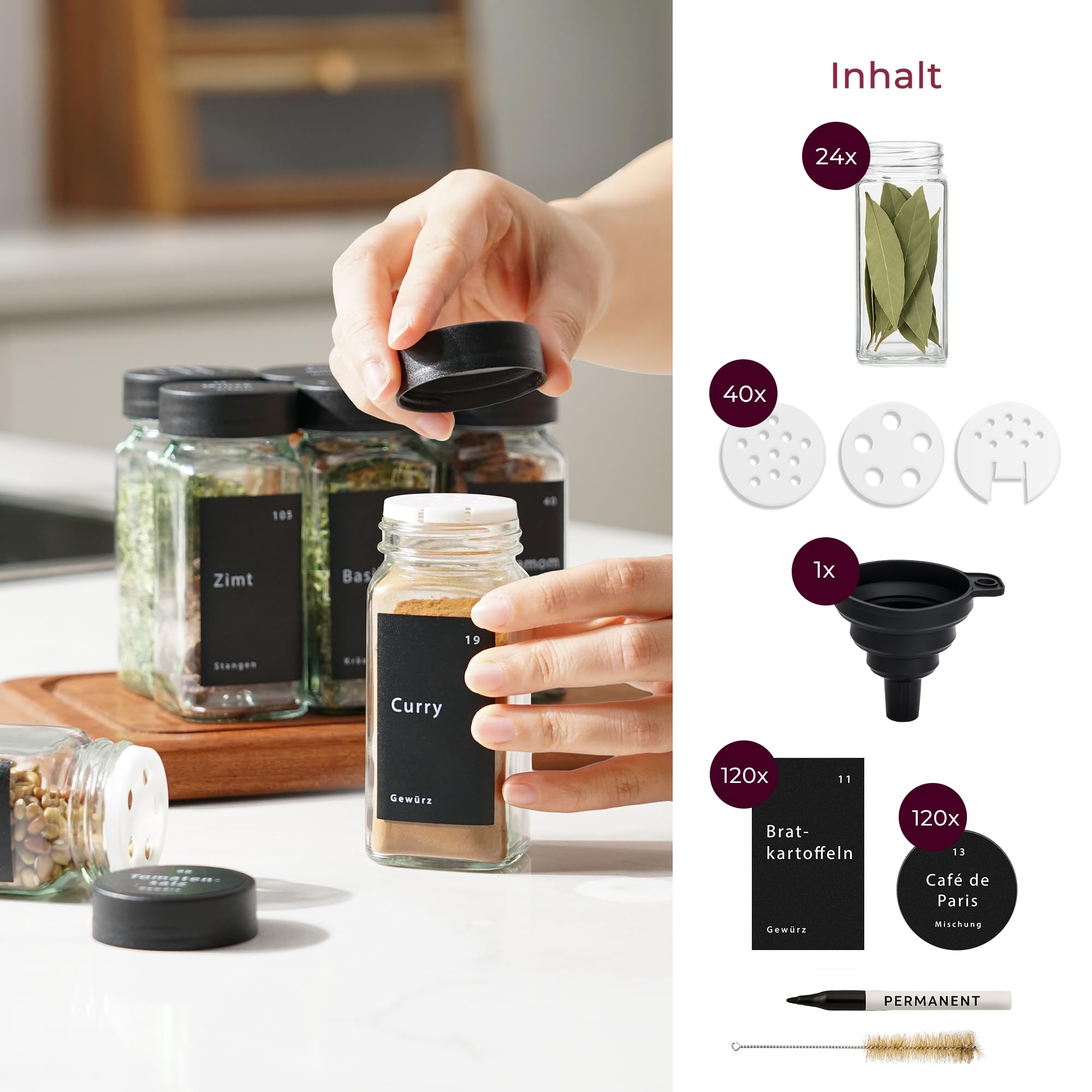 Set di 24 barattoli per spezie – Contenitore per spezie in vetro da 120 ml con coperchi in bambù, inserti per spargere, etichette, imbuto e spazzola, dispenser per spezie con accessori