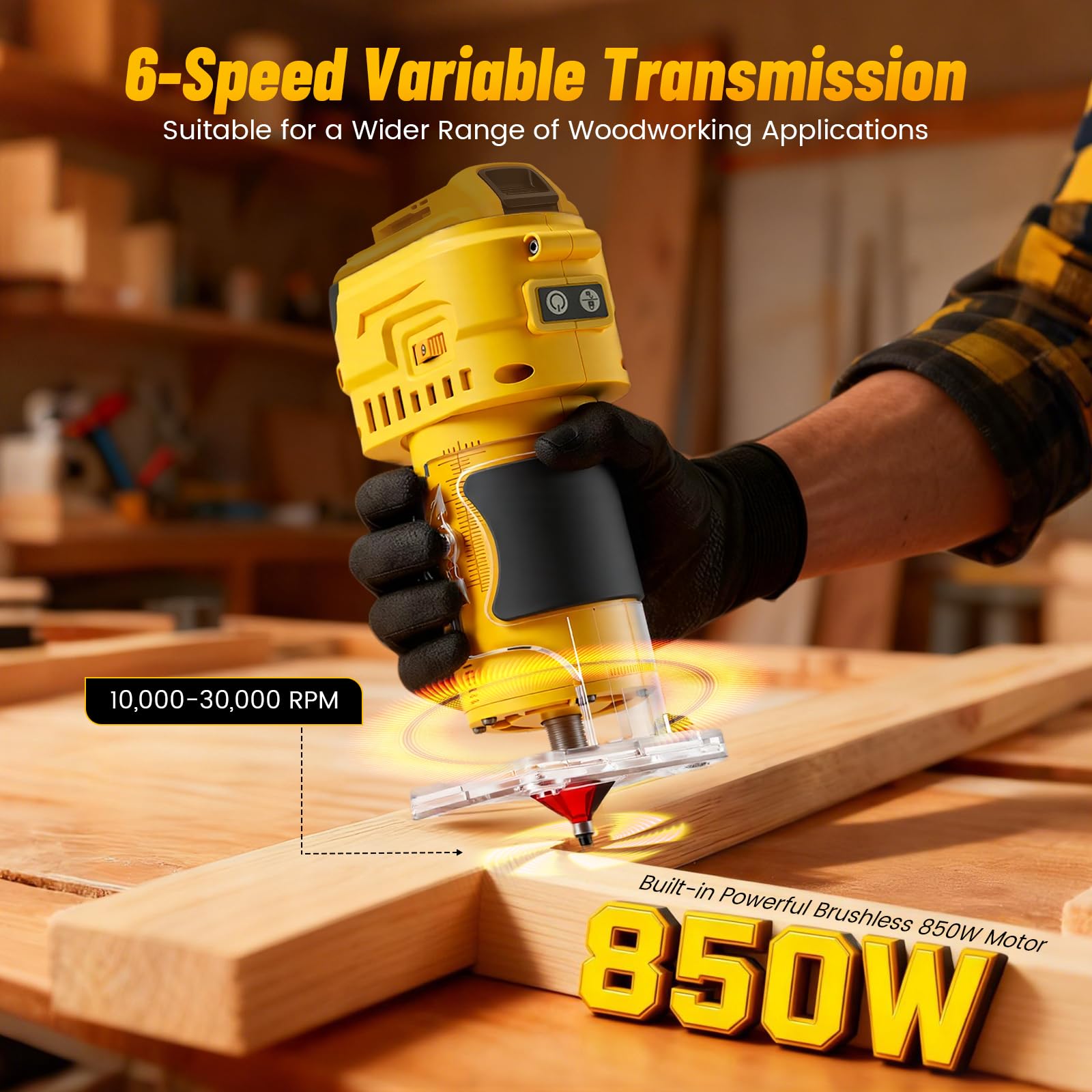 Fresa a Batteria 21V Brushless 850W Compatibile Dewalt, Fresatrice per Legno 30000 Giri/min 6 velocità, profondità 20mm, Rifilatore per Scanalature e Lavori di Falegnameria