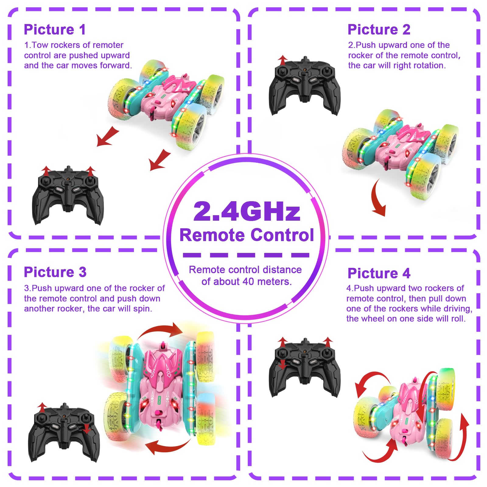 Coche Teledirigido Niños 3 4 5 6 años,4WD 2.4GHz Rosa RC Coche Radiocontrol,Regalo Niña 3-12 Años Juegos Niños 3-10 Años Niños Juegos Exterior Niñas y Niños