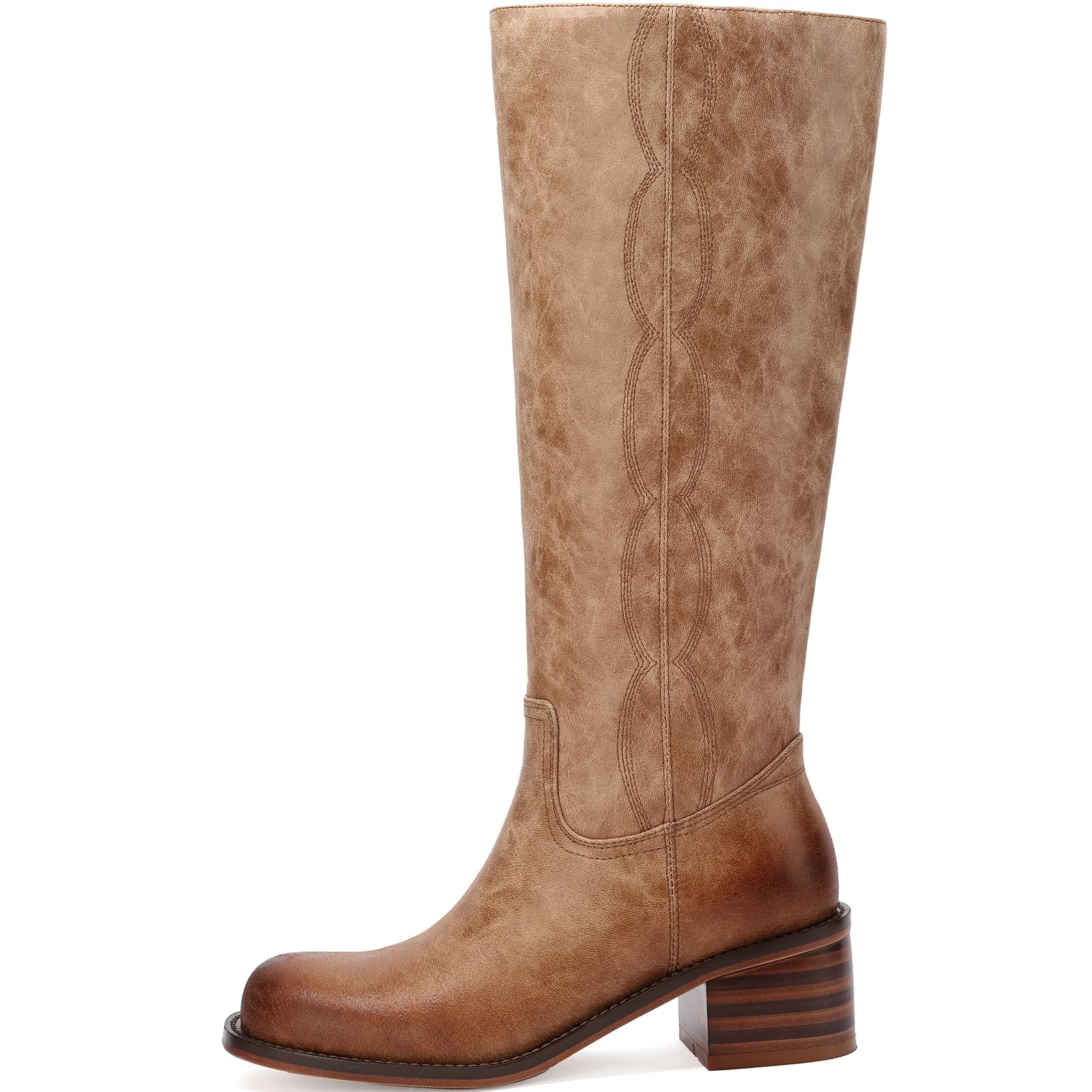 Womens Knee High Boots Square Toe Chunky Block Heel Long Boots Comfortable Low Heel Boots Wide Calf Riding