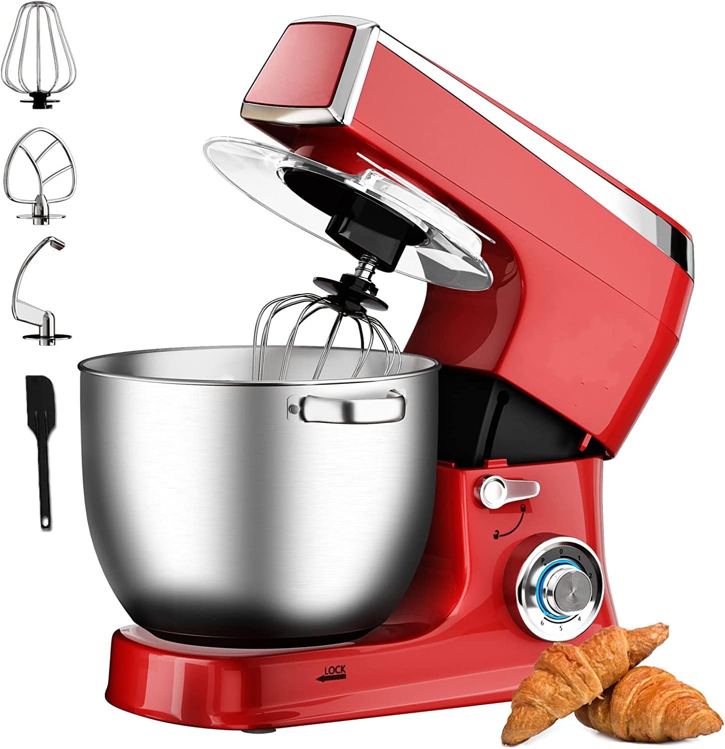 ROYALTY LINE, Procesador de Alimentos Multifunción 2100W Rojo RLPKM2100-RED, Tazón de Acero Inoxidable 7.5L, Accesorios Incluidos: Batidor, Batidor, Gancho, Protección contra Salpicaduras