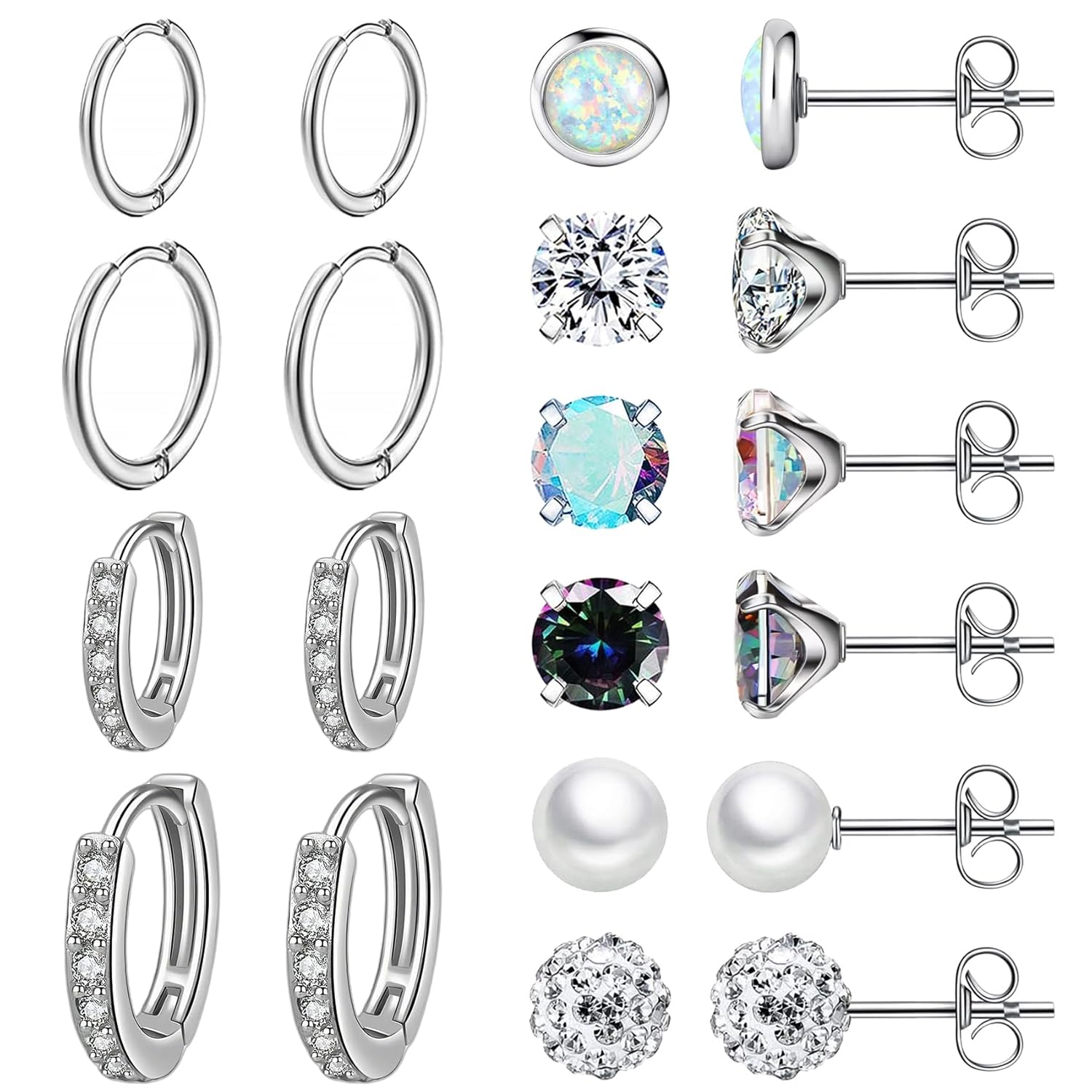 Nunpag 10 Pairs Stainless Steel Stud Earrings Colorful CZ Stud Earrings 20G Stud Earings 8mm 10mm Hoop Earrings
