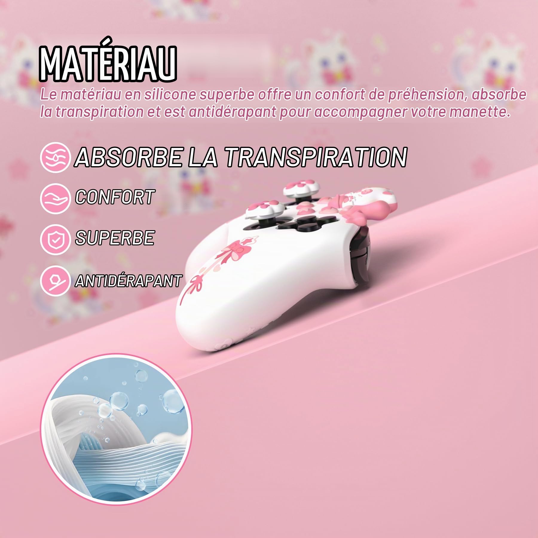 playvital Coque pour Switch Pro Protection Manette,Housse pour Switch Pro Case avec Capuchon Joystick-Blanc,Chérie Kitty