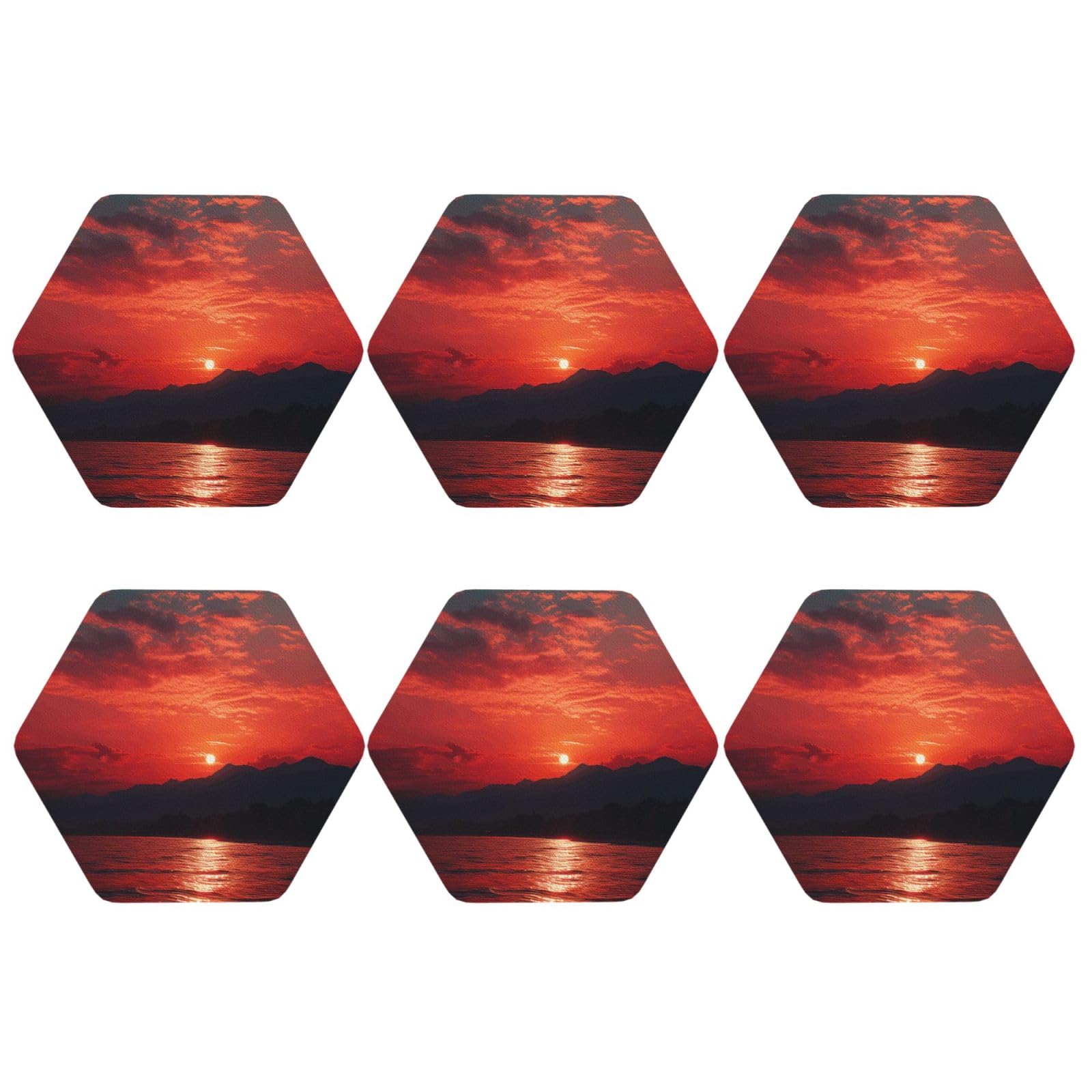 6pcs Leather Coasters for Drinks, Fiery Red Sunset Drink Coasters for Tabletop Protection, 4" Cup Coasters for Coffee Table Decor, Non-Slip Drinking Cup Mat for Hot Or Cold Drink
