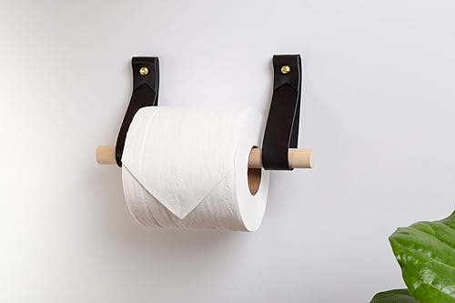 Miniatura 7 de Bathroom Fixture Kit includes leather & wood Toilet Paper Roll Holder, Bath Towel Rail, leather & brass hanging Hand Towel Ring hook with gold