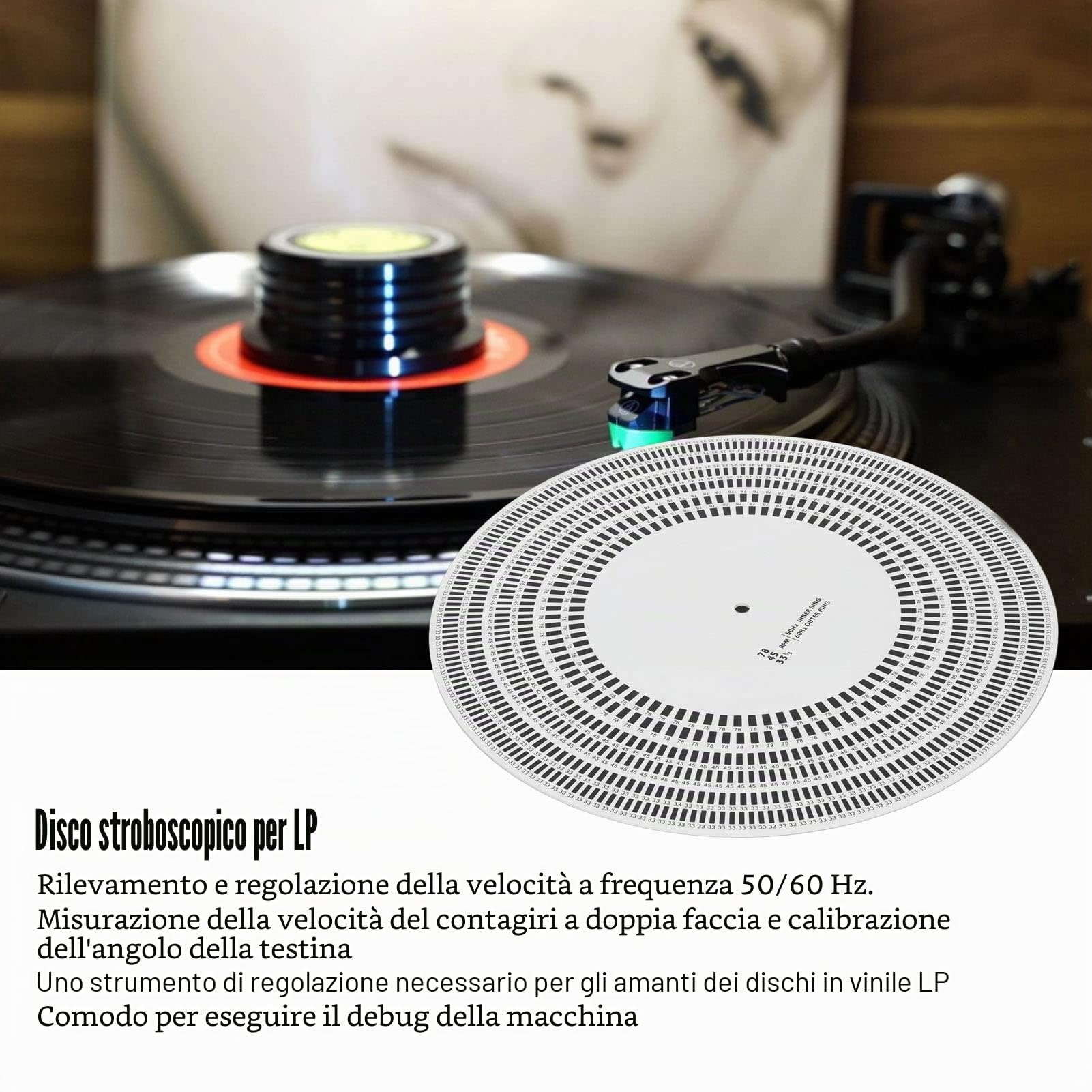 Disco Stroboscopico, Disco di Calibrazione per Precisione Velocità del Giradischi e Allineamento Cartuccia per Lettori Vinile ABS Bianco Doppia Faccia 33 45 78 Giri 50 60Hz 1 Pezzo