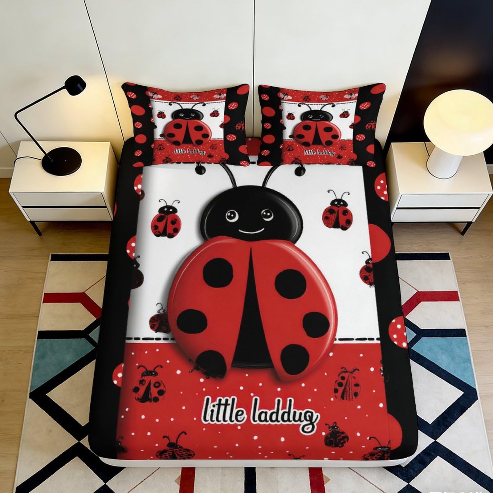 3D Printed Ladybug Pattern Fitted Sheet Microfiber Deep Pocket Bedroom Set Ladybug Mattress Fitted Cover Non-Slip Washable 160x200x25cm