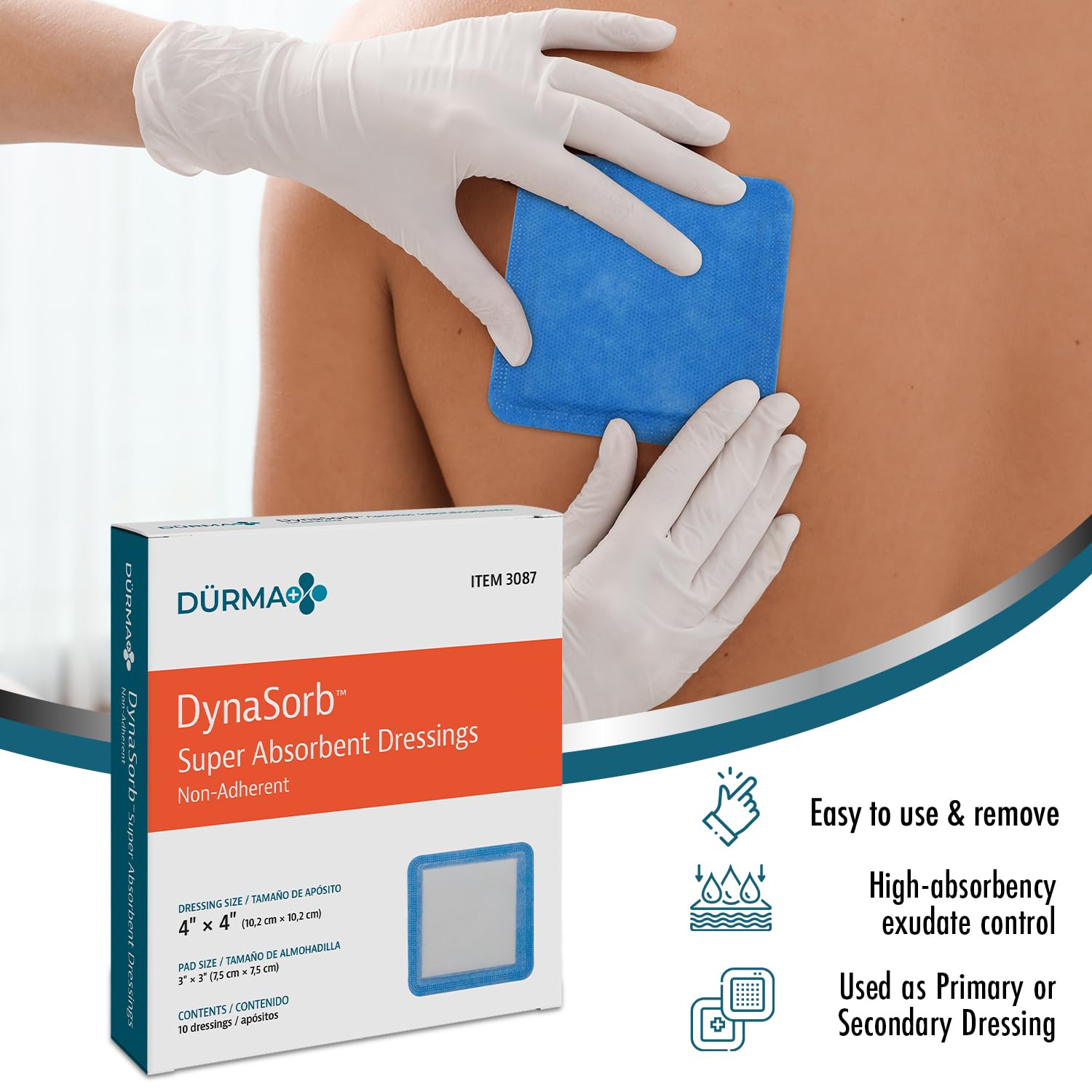 Dynarex Dürma+ DynaSorb Super Absorbent Dressing, Non-Adherent, Sterile, High Absorbency for Heavy Drainage, Soft and Conformable - 4" x 4" - 10 per Box