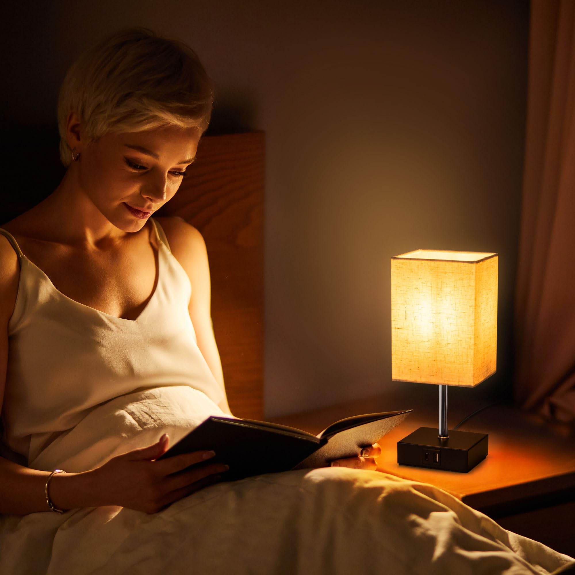 EDISHINE 2 lampy stołowe, regulator dotykowy, 2 USB, beżowy owies | Żarówka LED 2700K w zestawie, funkcja ładowania, 5 V/2,1 A, do sypialni, salonu, parapetu, 28 cm