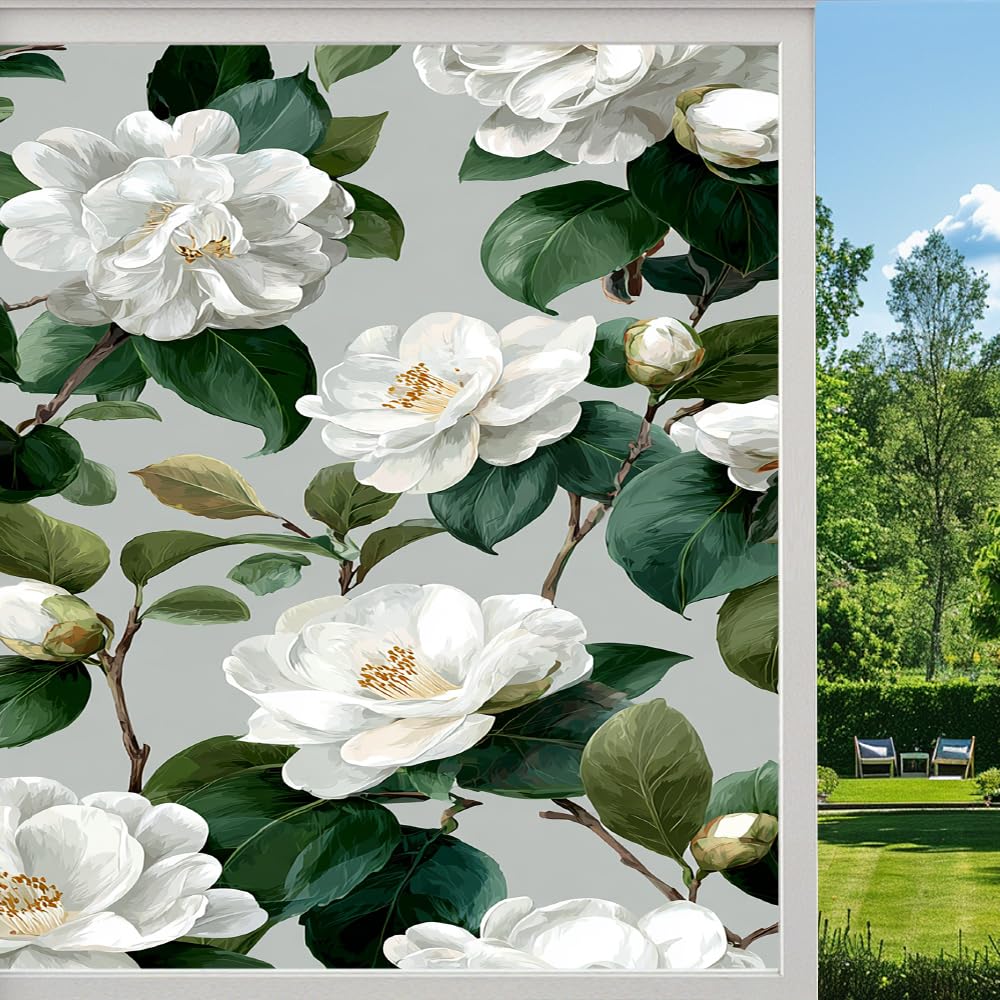 Pmlbaous Elegant Flowers Frosted Window Film, Watercolor Camellia Plants Stained Glass Privacy Film, Heat Insulation Self-Adhesive Vinyl For Bathroom Office, （55X100cm）