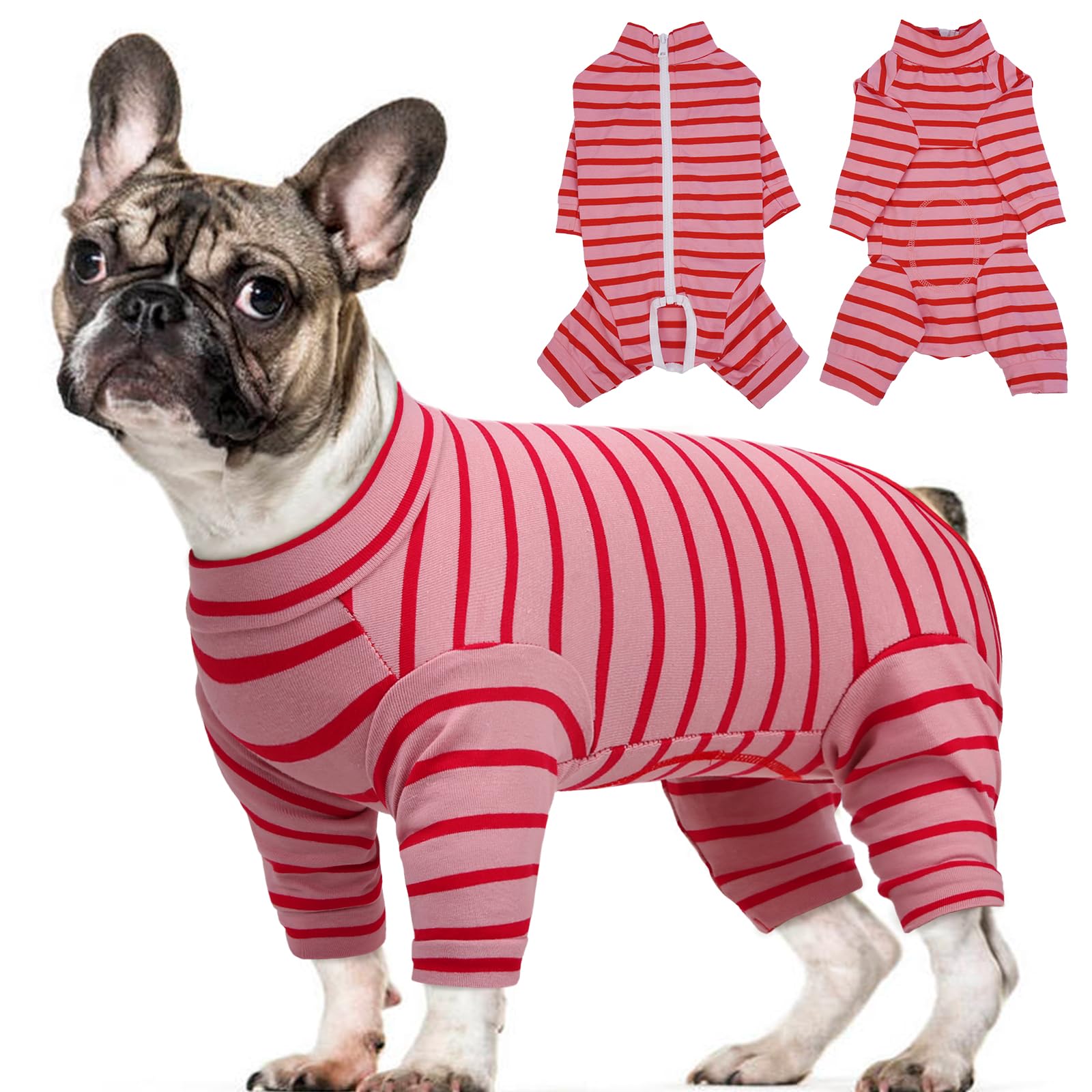 Kuoser Pink Striped Dog Onesie, Female Dog Surgery Recovery Suit, Small & Medium Dogs, Cotton Blend, Size S