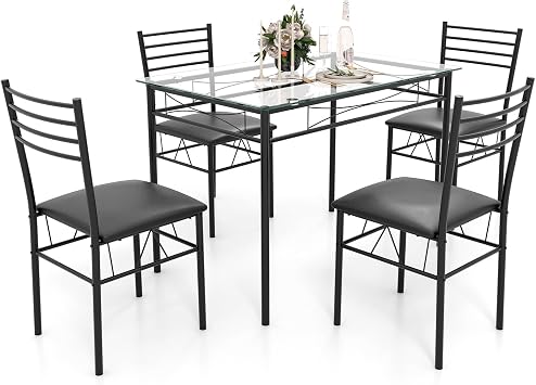 NAFORT 5-Piece Dining Table Set for 4, Modern 3/8 Tempered Glass Kitchen Room Table with 4 Upholstered Dining Chairs, Space-Saving Dinette Tables with Metal Frame for Apartment, Office