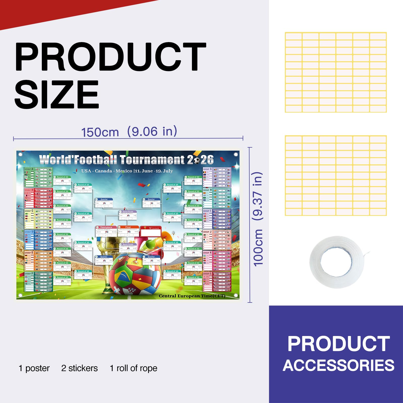 Calendrier Coupe Monde Football 2026, 100cm x 150cm, Couvrant l'ensemble des 104 matchs, y compris les calendriers (heure d'Europe centrale) et les lieux des rencontres