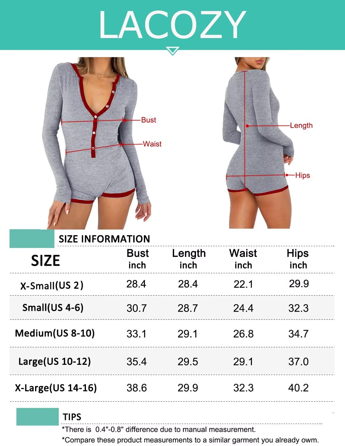LACOZY Barboteuse à manches longues pour femme avec col en V - Combinaison une pièce - Pyjama Y2k - Yoga et gym